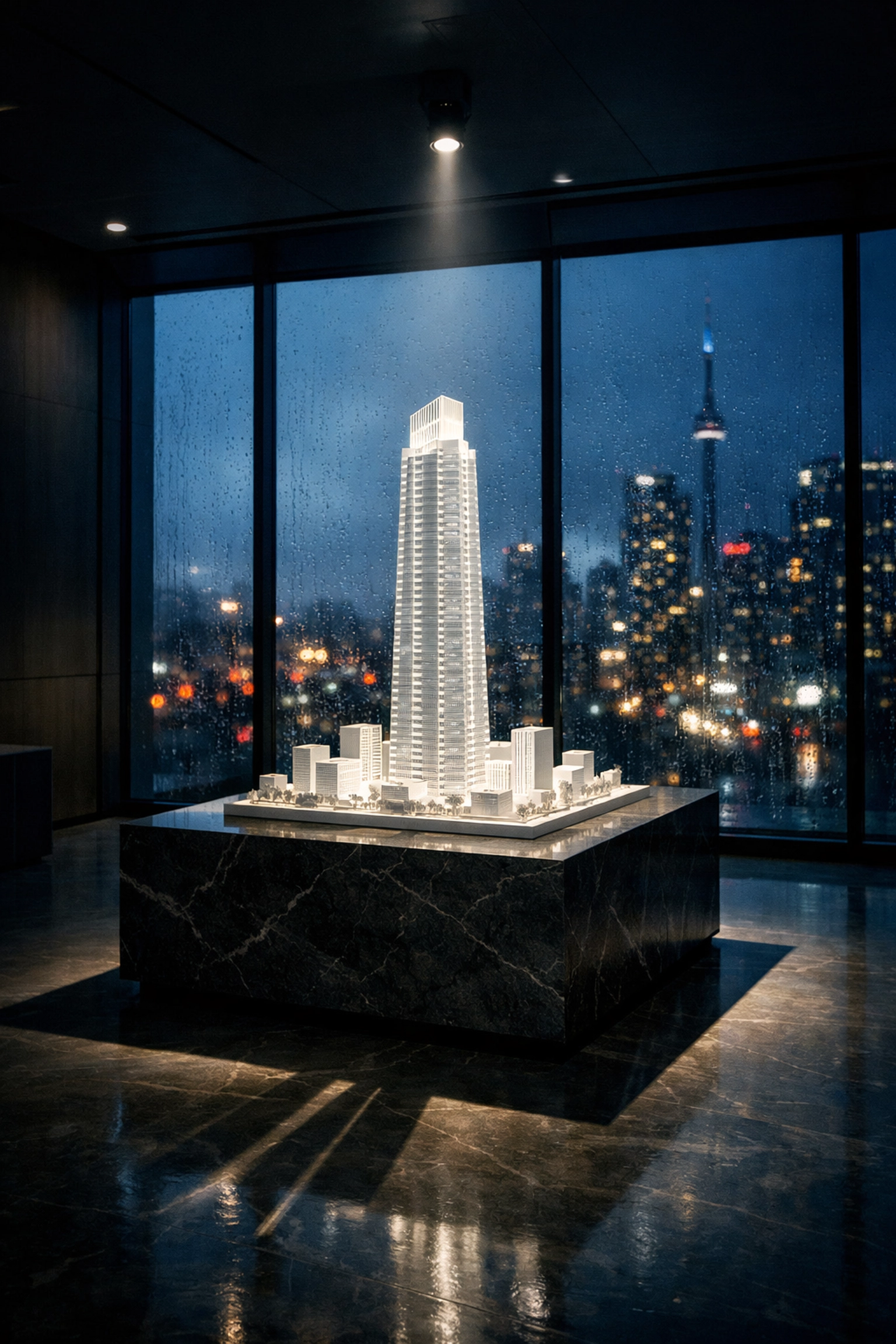 Empty Toronto condo sales center with a skyscraper model, representing the collapse of Canadian real estate presales.