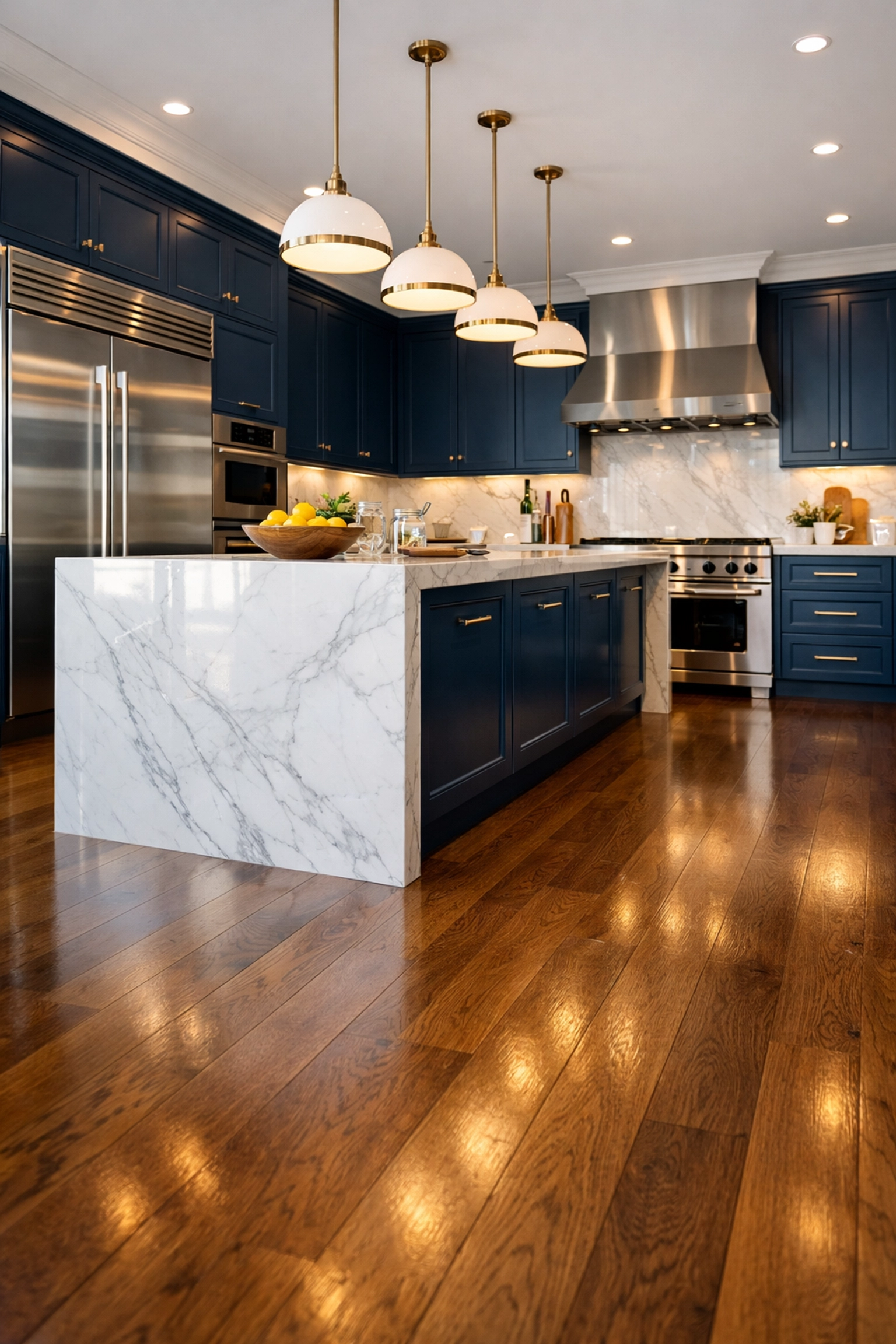 Spotless modern kitchen in a Dover estate with gleaming marble countertops after a luxury house cleaning.
