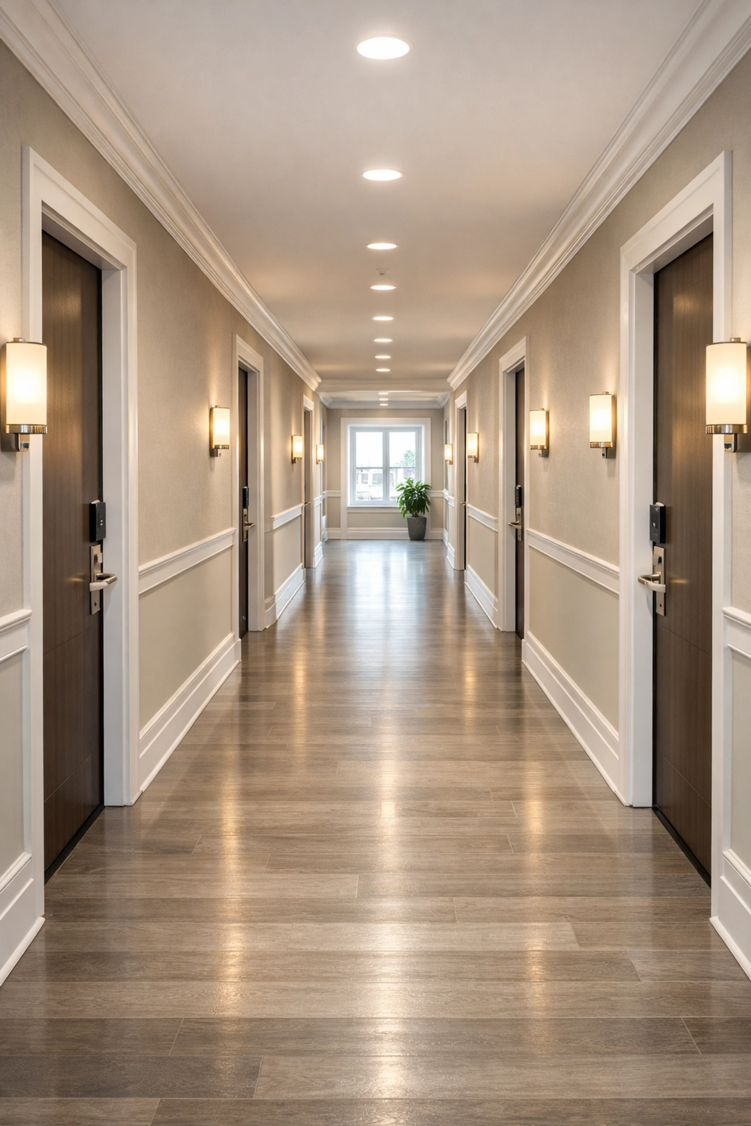 Immaculate hallway in an Indianapolis multifamily property showing high-standard janitorial maintenance.