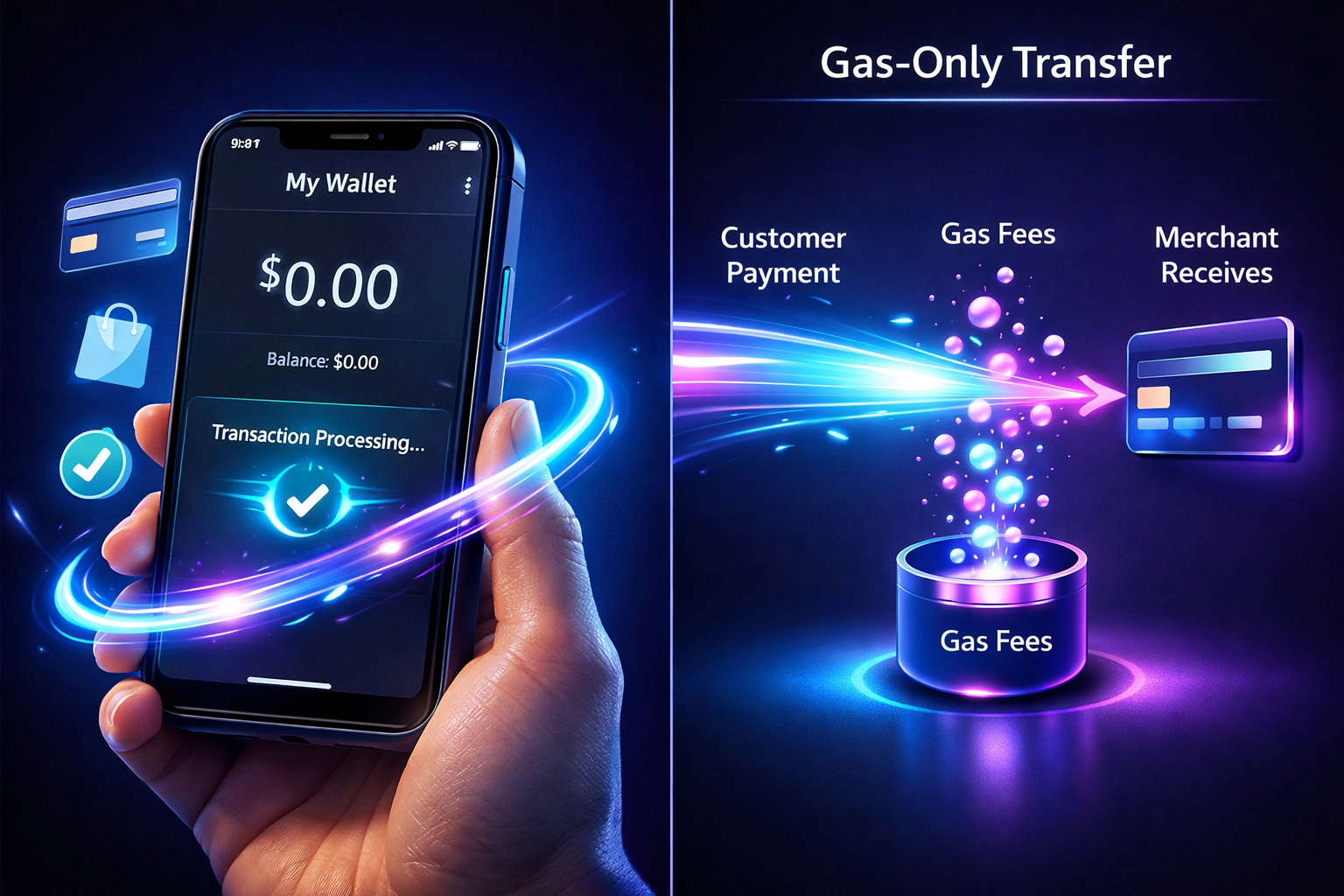 Gas-only transfer mechanism showing zero-balance wallet processing crypto payment automatically