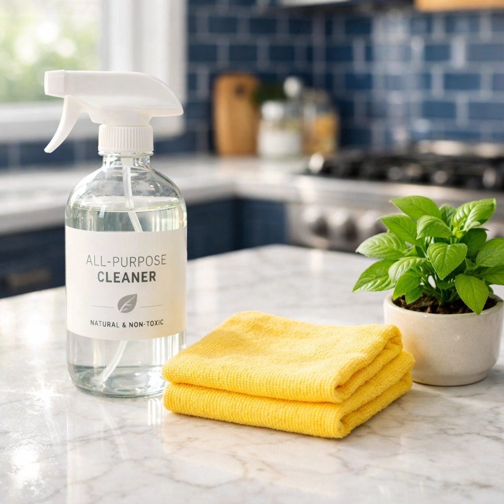 Eco-friendly house cleaning Shrewsbury MA products on a clean marble kitchen countertop with a plant.
