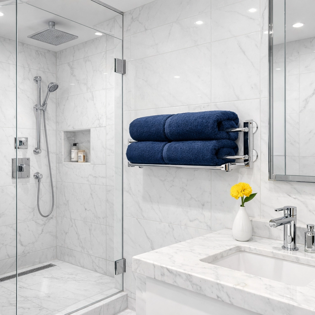 Pristine luxury bathroom in Worcester cleaned by professional residential maid services.