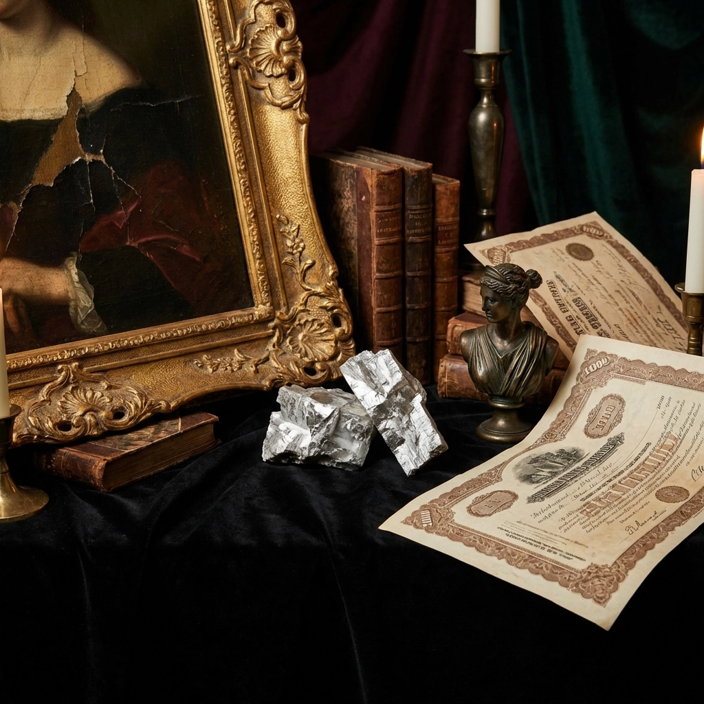 Collection of luxury art, lithium crystals, and vintage certificates, showing alternative asset diversification for wealth preservation.