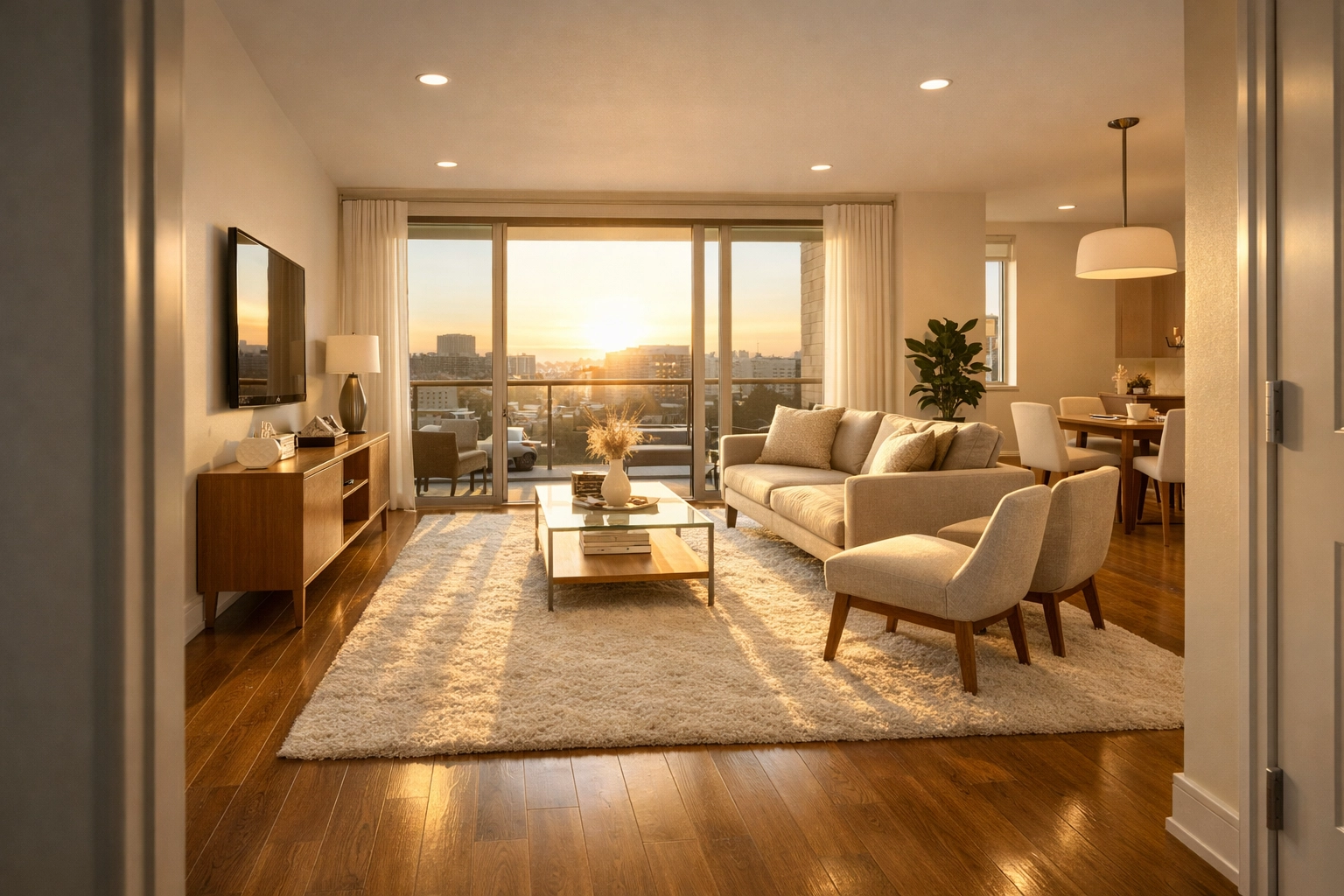Luxury apartment living room with clean floors and rugs, showcasing professional turnover cleaning standards.