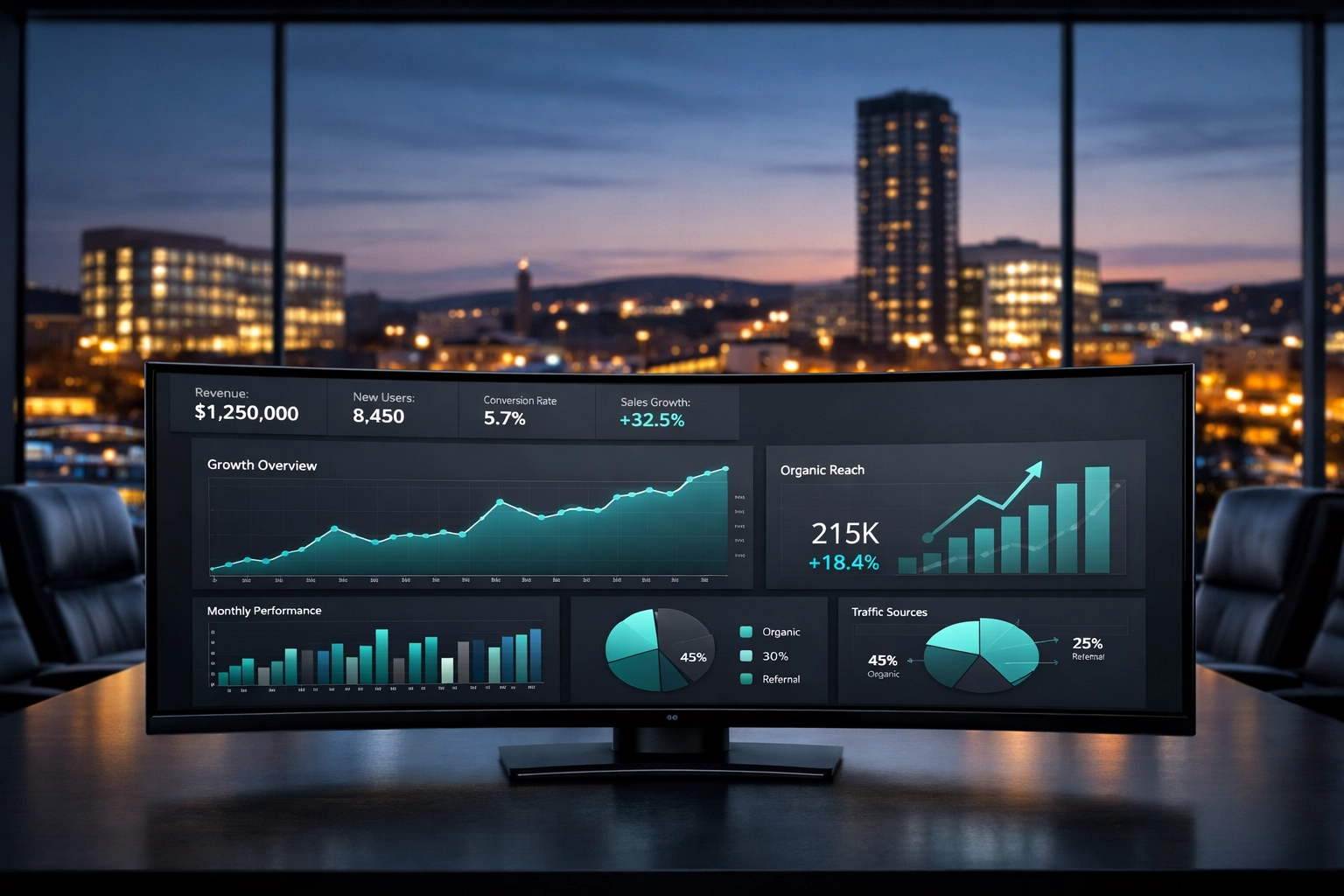 Marketing analytics dashboard displaying growth metrics and website performance data for a Sheffield business.