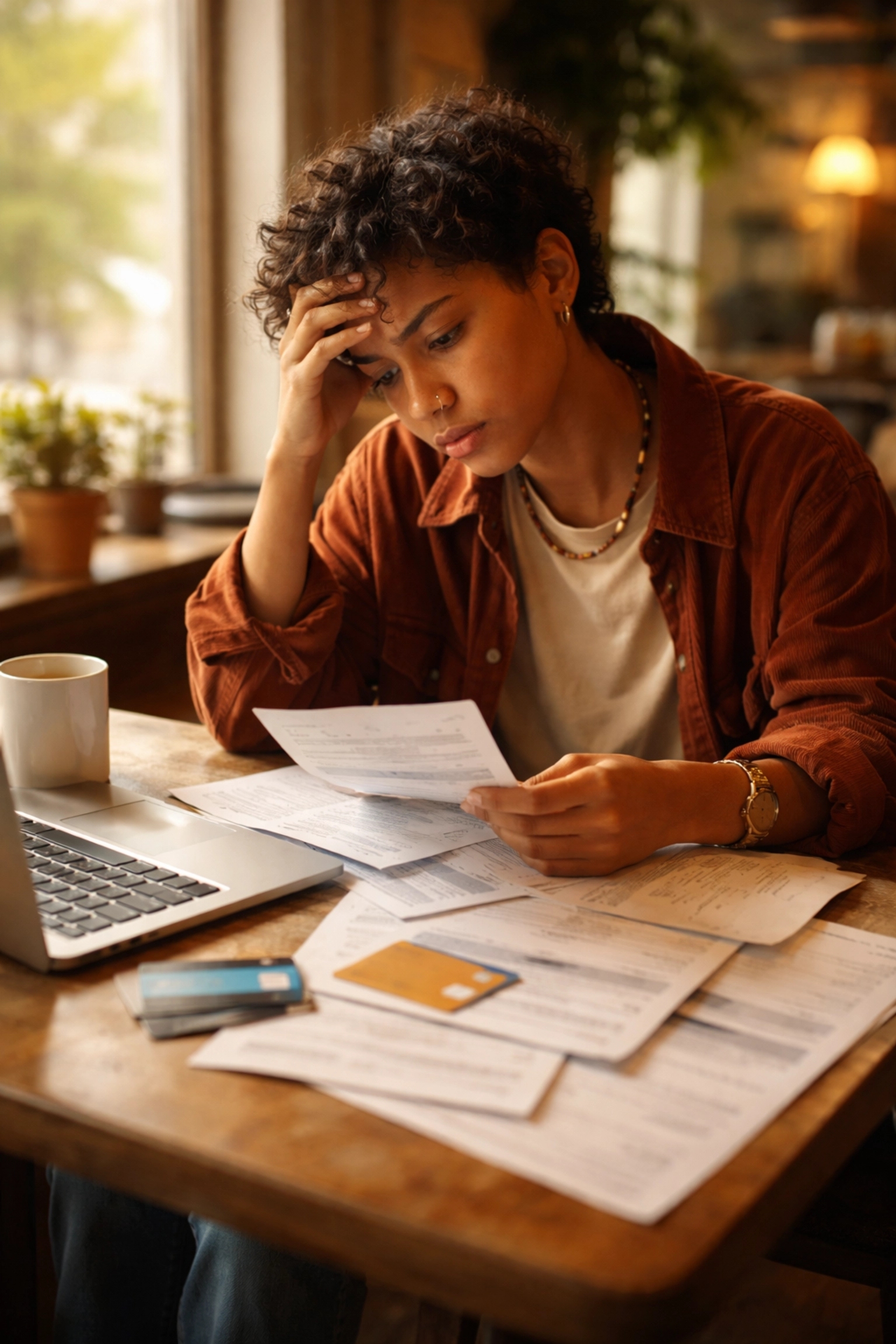 Trans person facing paperwork challenges with financial documents at a welcoming cafe, highlighting trans friendly services.