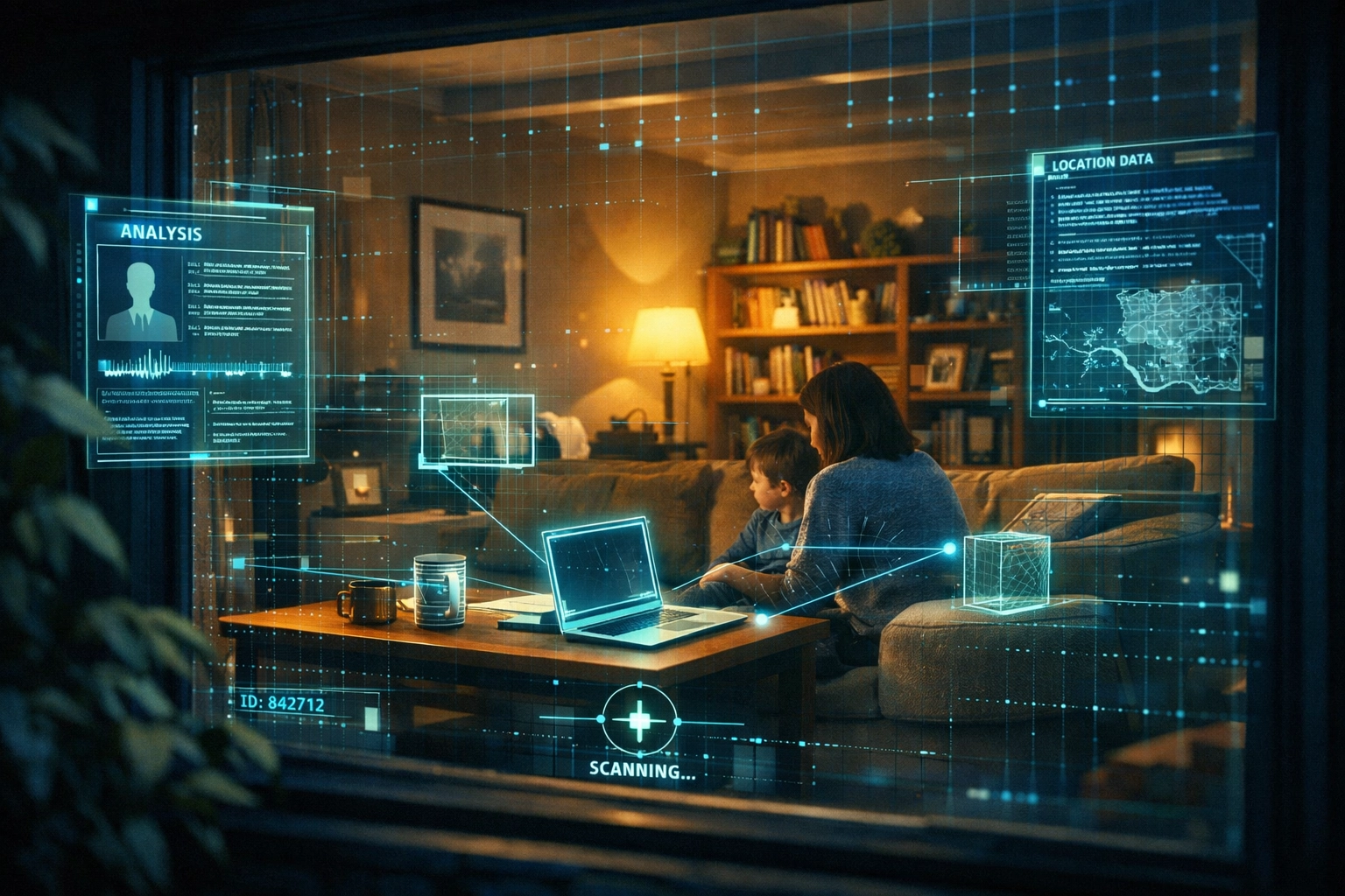 Home interior with digital surveillance overlay showing Patriot Act Fourth Amendment violations