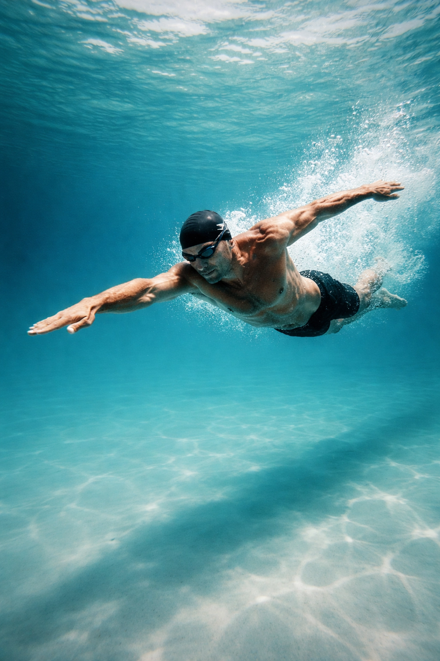 Underwater view of an athletic swimmer highlights physical performance as a marker of biological age.