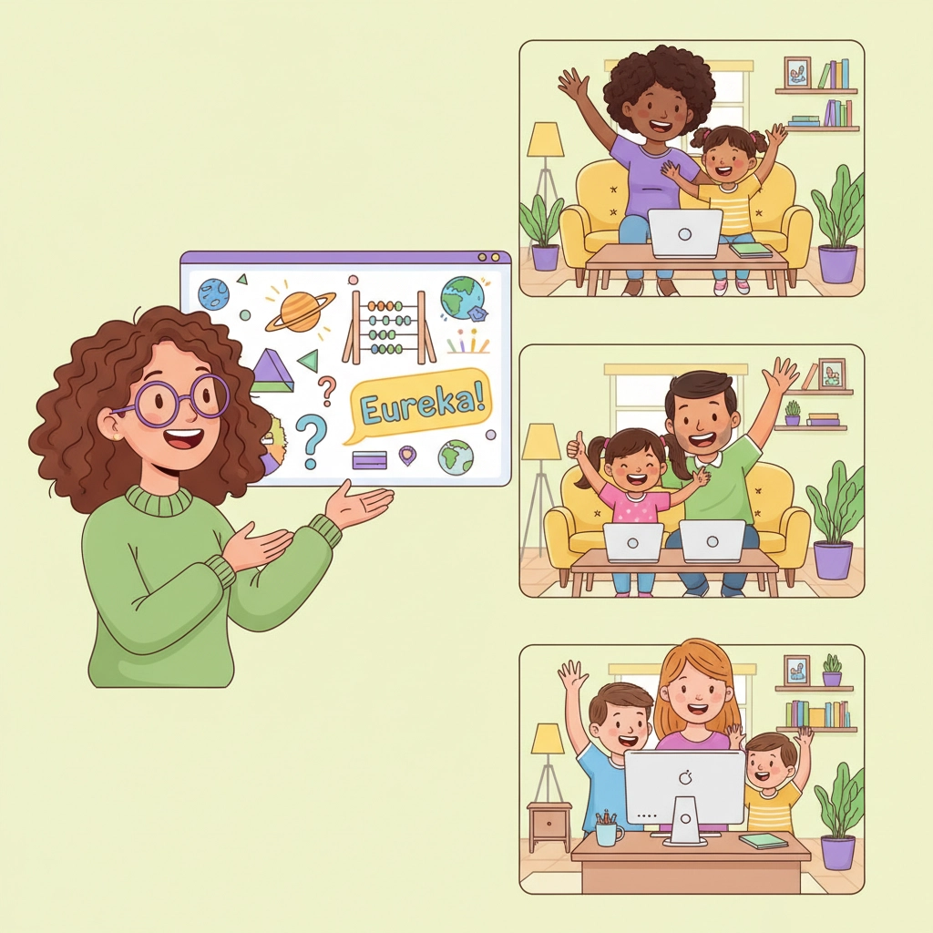 A person in green presents a learning screen with "Eureka!" and space icons. Three families joyfully engage with laptops on yellow sofas.