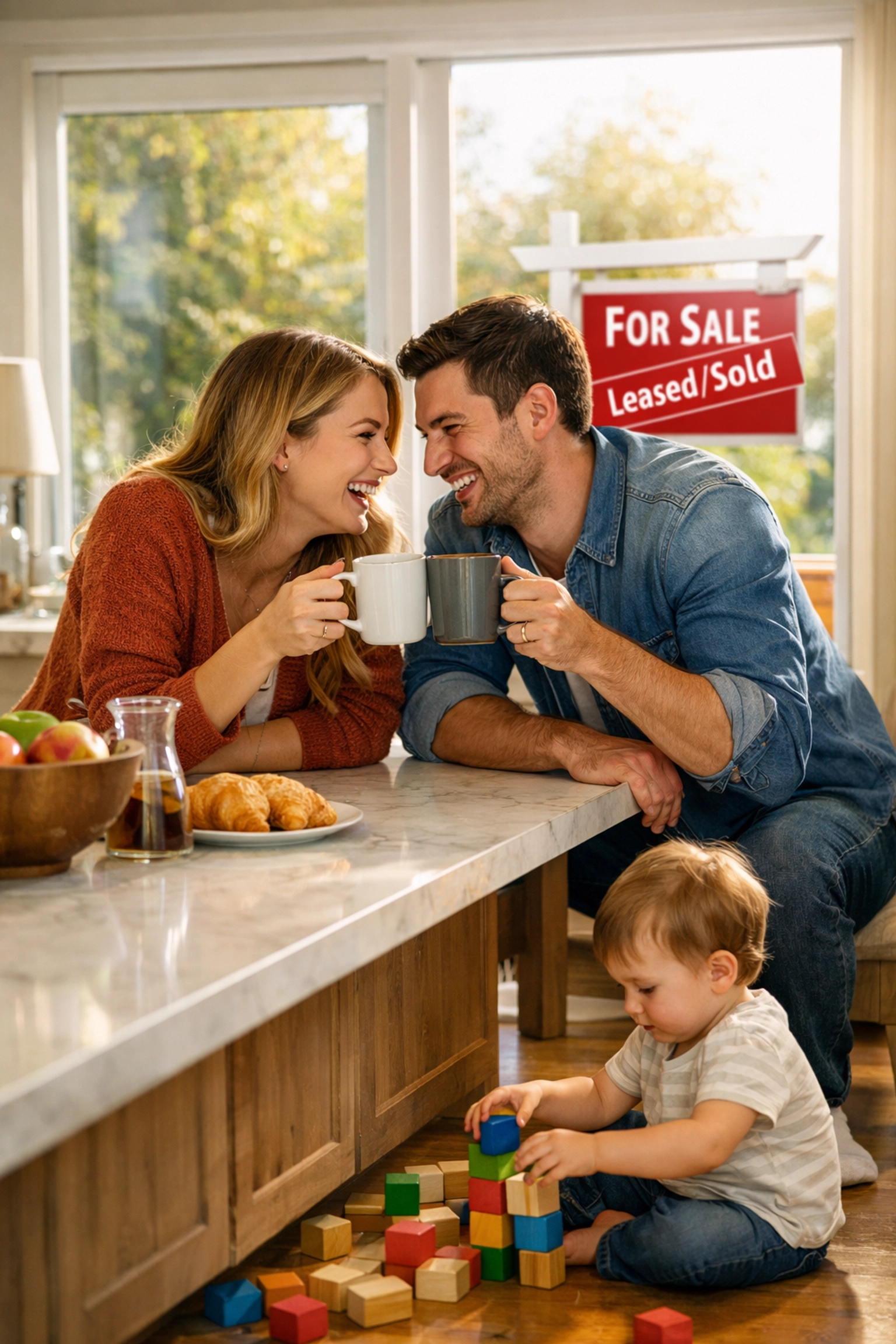 A happy family in their new sunlit kitchen celebrating the successful journey to homeownership.
