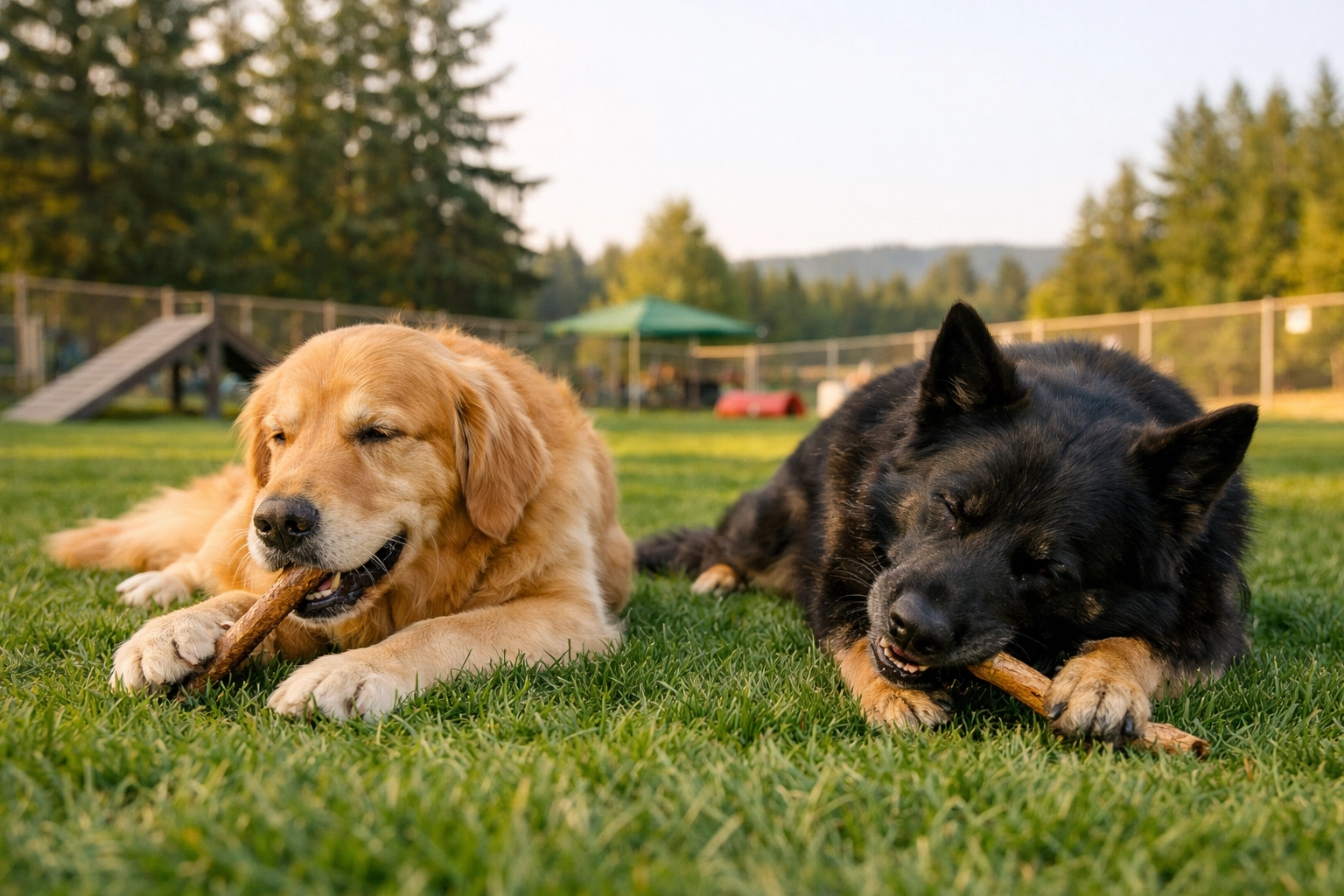 Two dogs relaxing on green grass at Green Acres K-9 Resort, showcasing holistic dog daycare in Boring, Oregon.