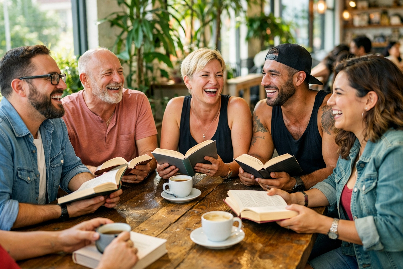 Diverse LGBTQ+ friends with books at a cafe, building lasting traditions and community as queer adults.