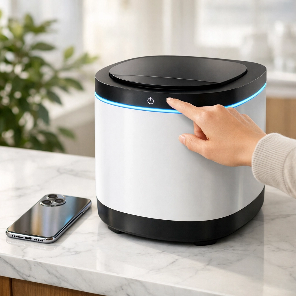 A person using a Govee Smart Electric Composter on a marble countertop with a smartphone app.