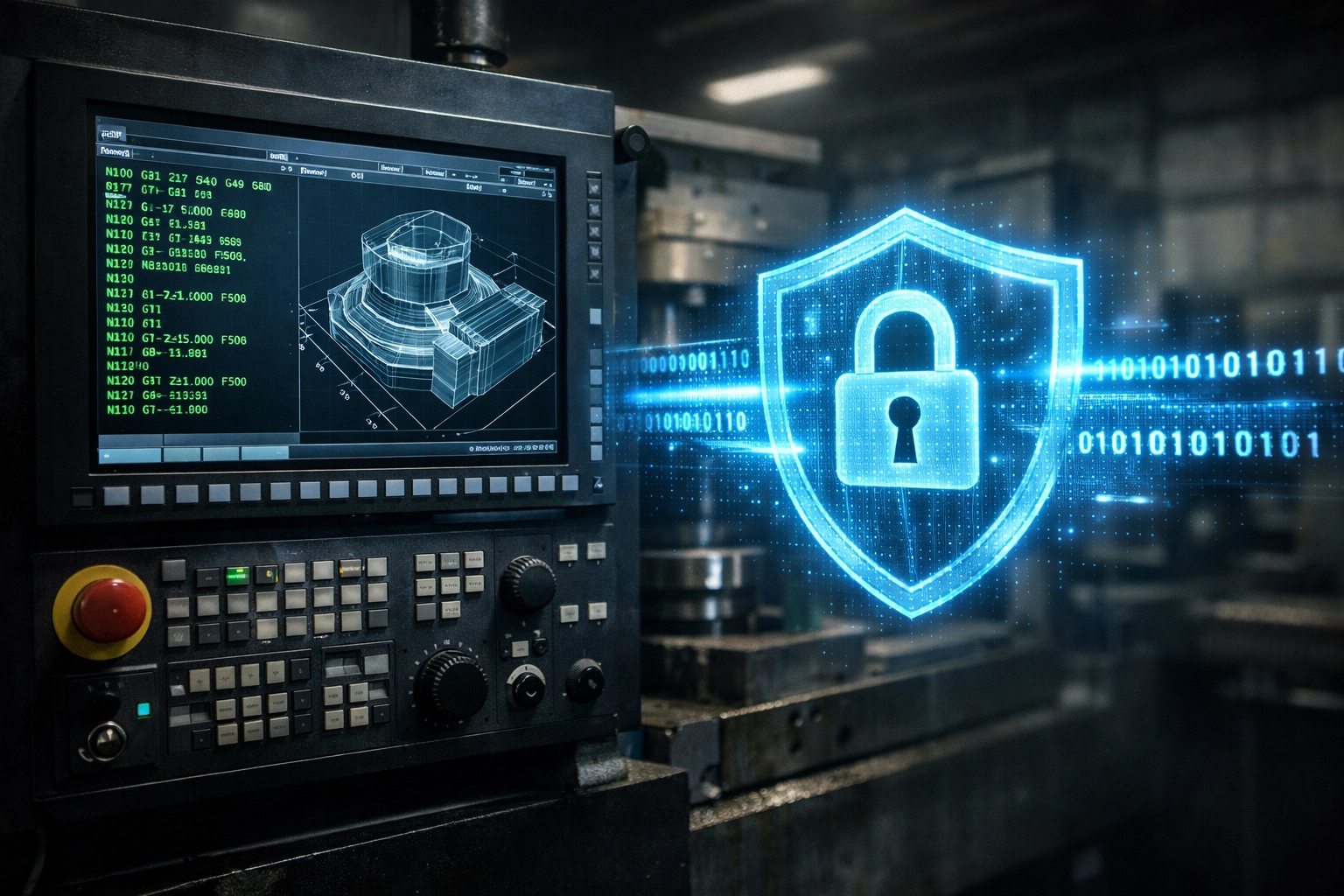 Industrial CNC machine control panel with a digital cybersecurity overlay for Connecticut manufacturing protection.