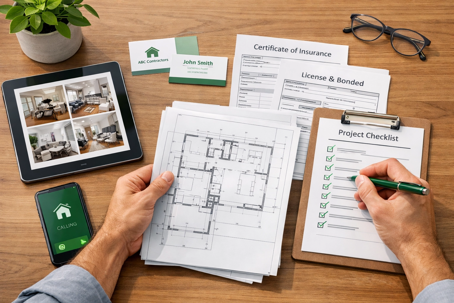 Contractor reviewing renovation paperwork, blueprints, and insurance documentation