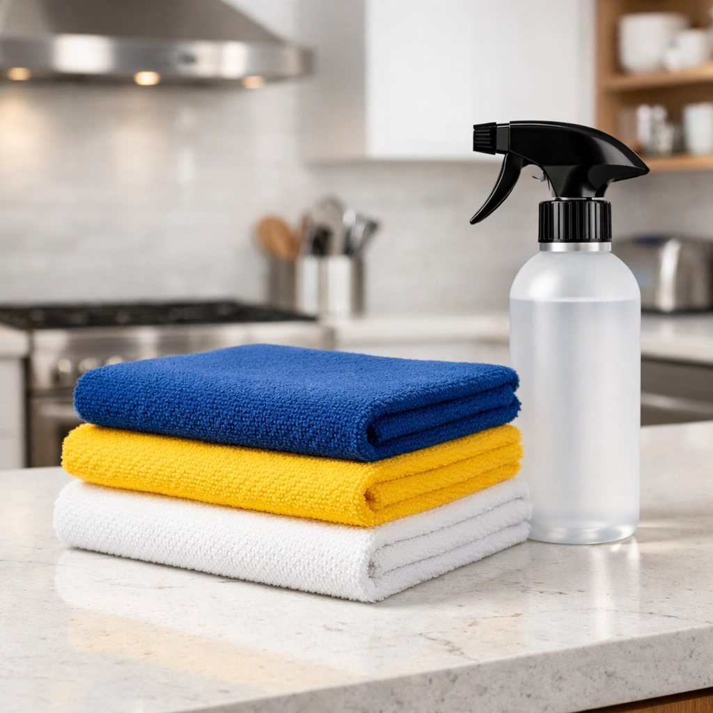 Color-coded microfiber cloths and spray prepared for high-quality move-out cleaning Worcester.