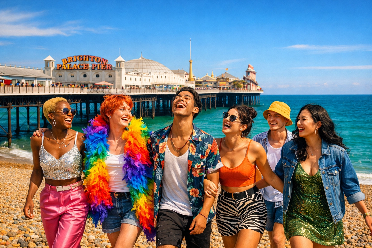 Friends celebrating with a rainbow boa on Brighton beach with the Palace Pier in the background.