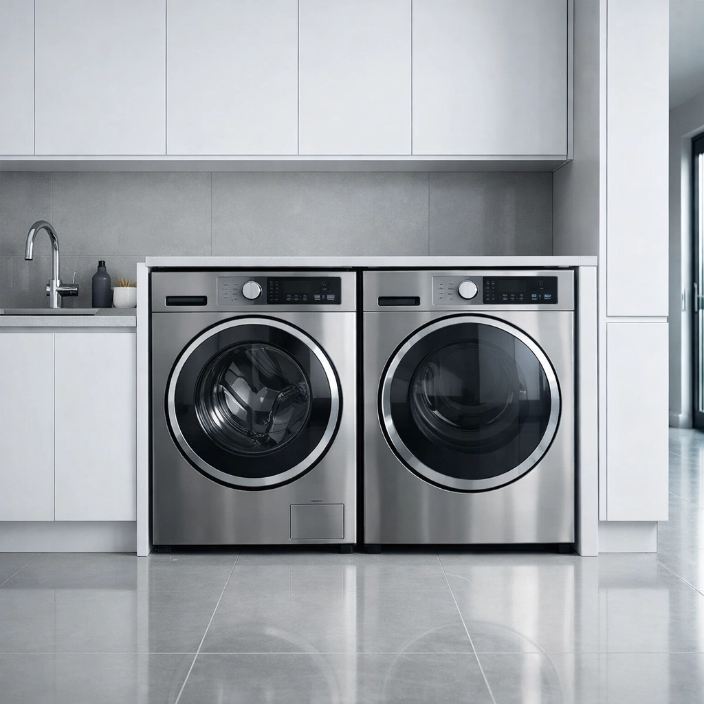 Modern utility room in Poole with high-end washing machine and dryer, following electrical safety advice.