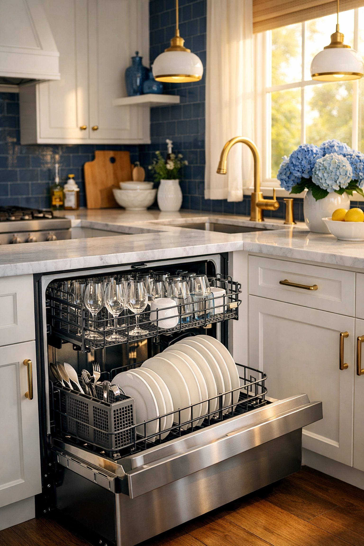 Sparkling clean glassware inside a perfectly maintained dishwasher in a bright, modern kitchen.