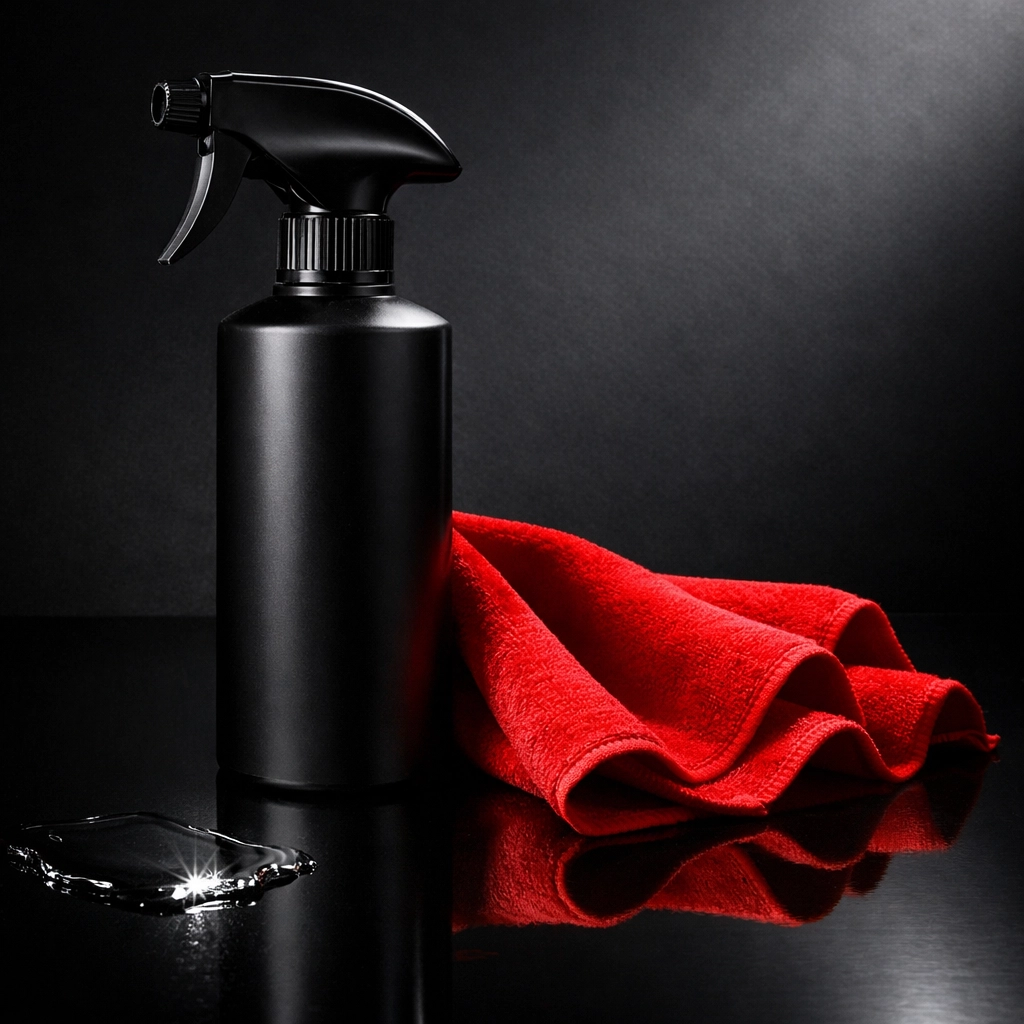 Ammonia-free window tint cleaner spray bottle with a professional red microfiber towel.
