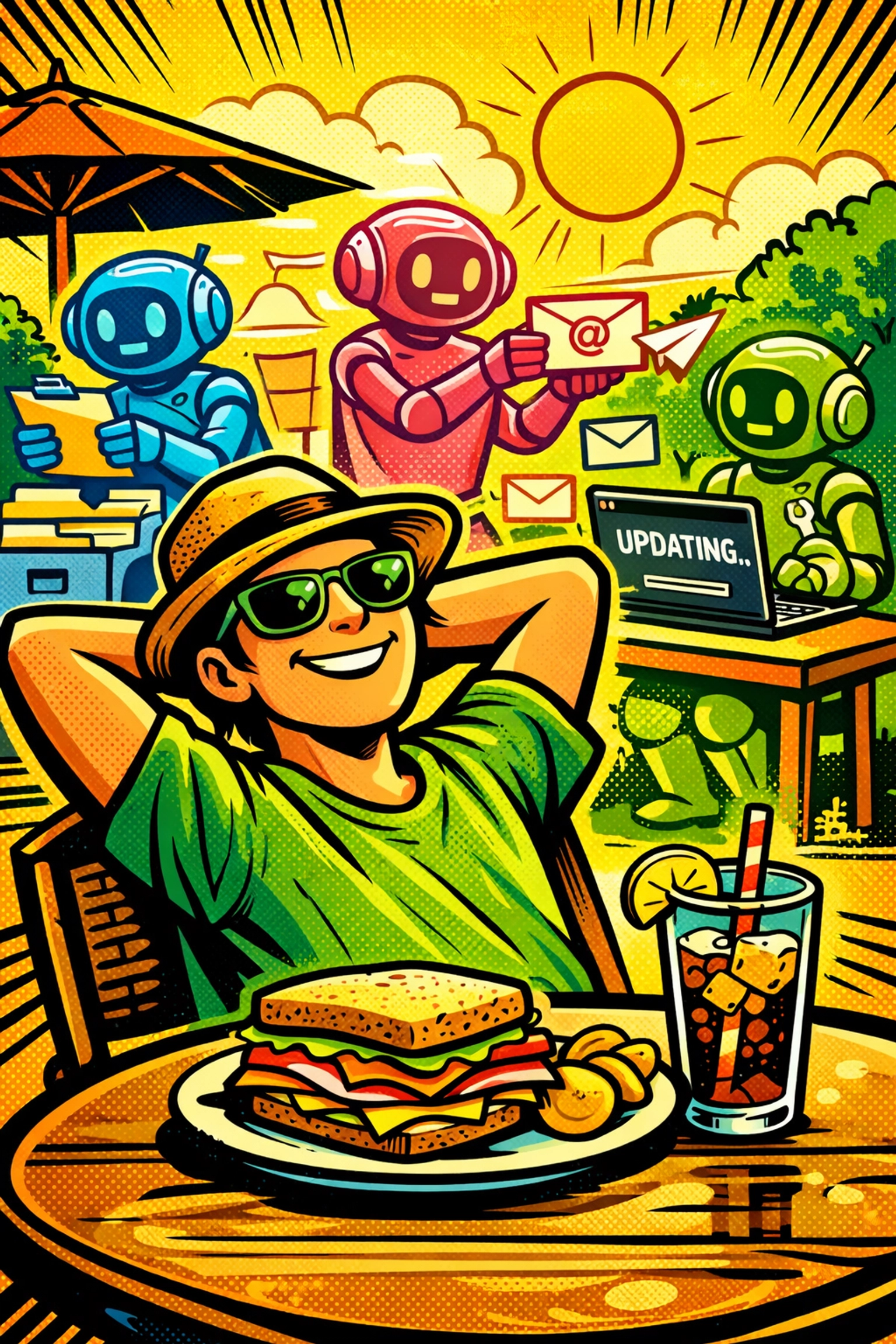 Person enjoying lunch break while AI assistants handle emails and business automation