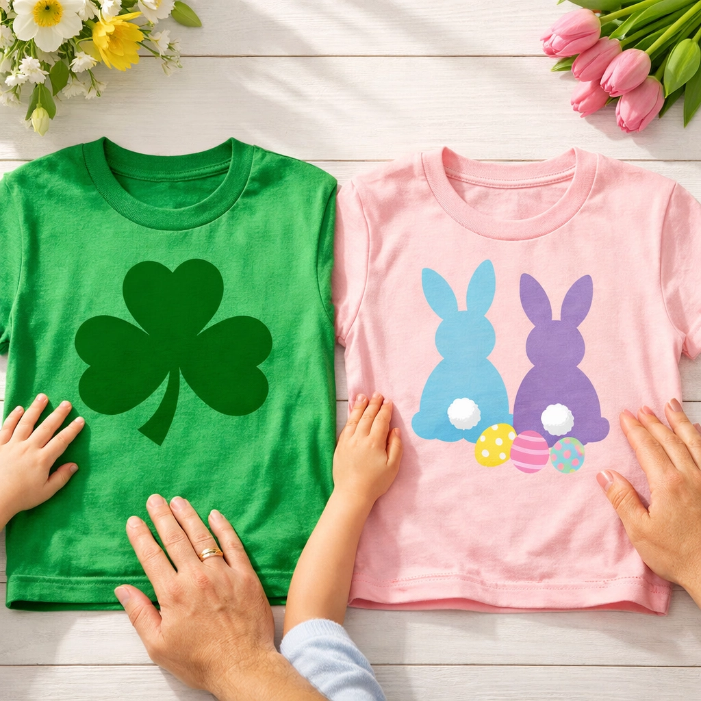 Custom t-shirts with shamrock and Easter bunny designs arranged on table