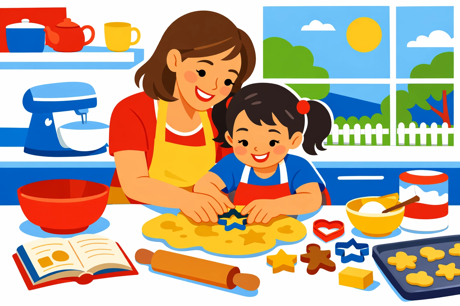 Mother teaching daughter while baking cookies, modeling faith through everyday actions