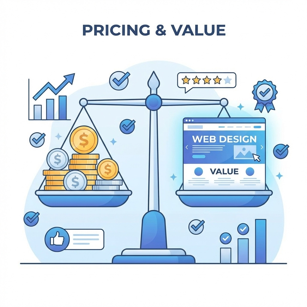 Balance scale with coins and website representing web design cost versus value for agencies
