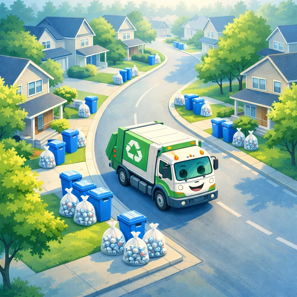 Residential neighborhood with blue bins and aluminum cans out for collection day pickup