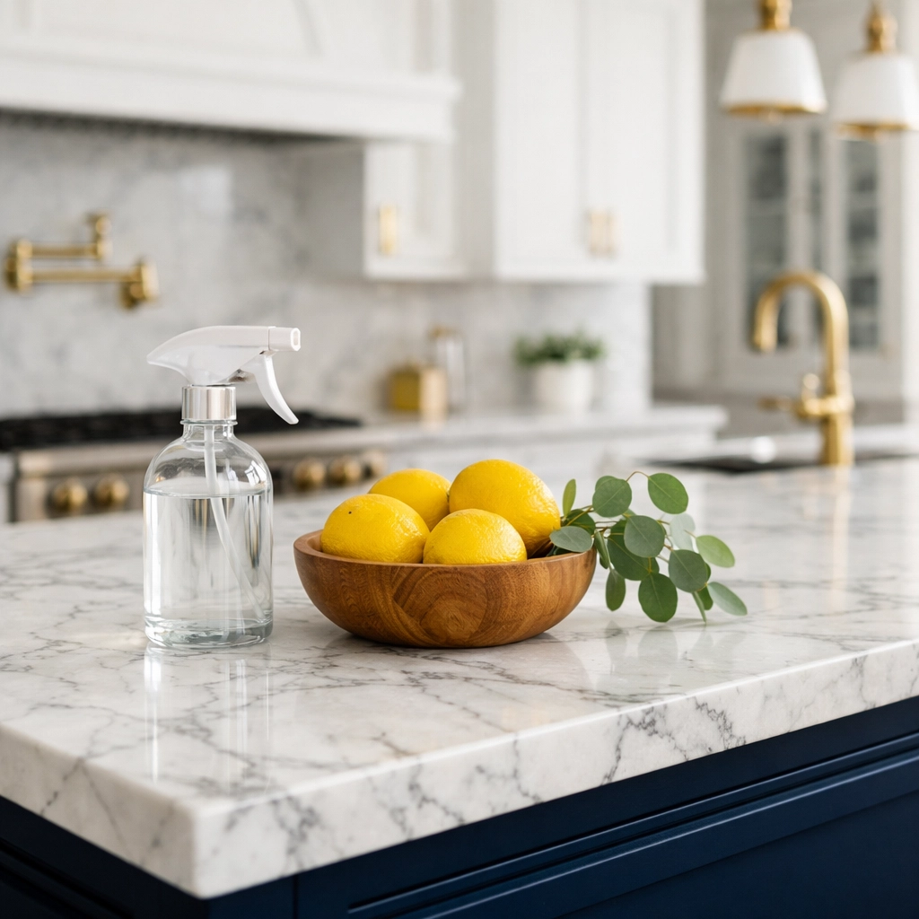 Eco-friendly cleaning products on a luxury marble kitchen countertop in a Concord estate.