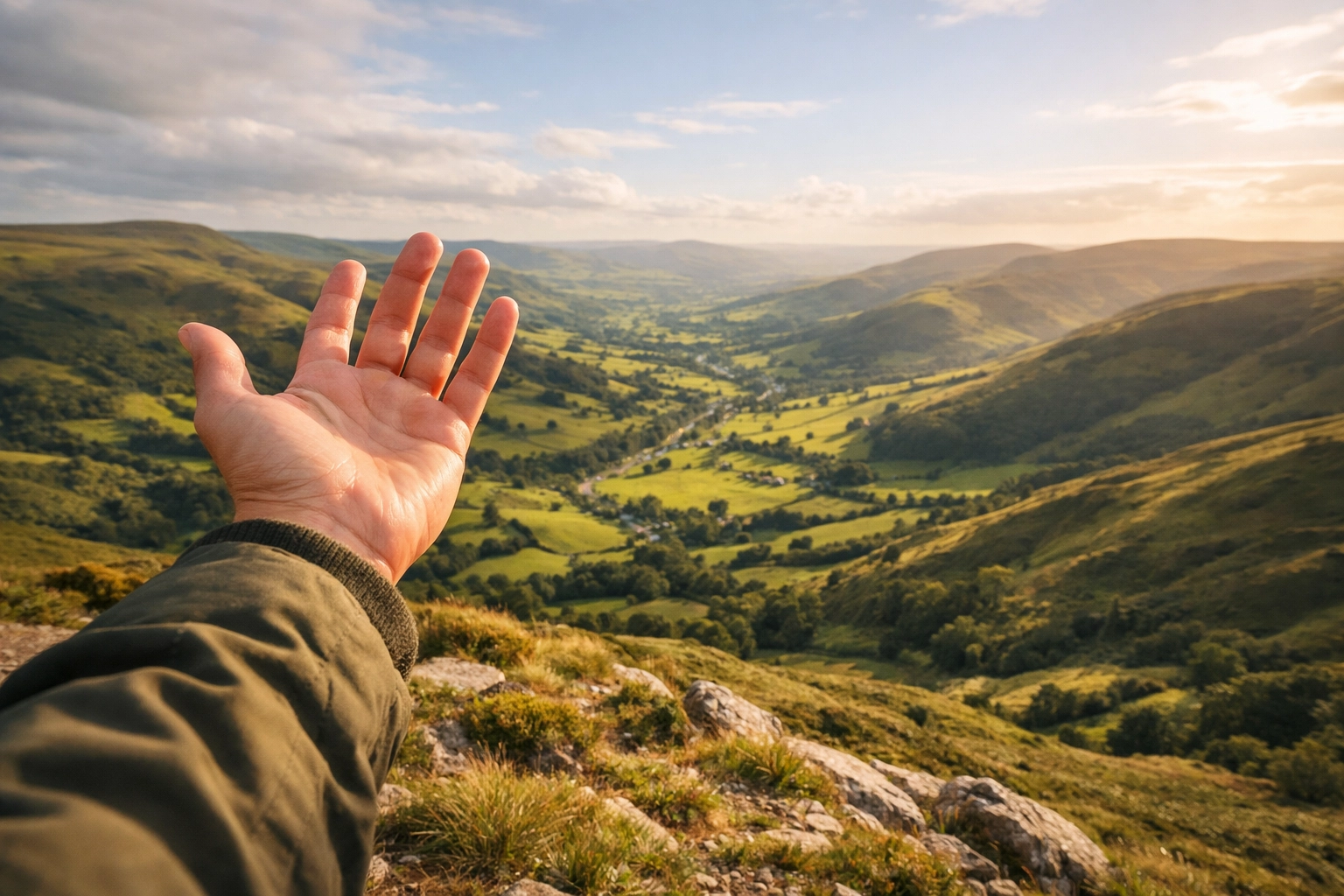 Testing wind direction from a high ridge overlooking a valley for a safe camping adventure UK.