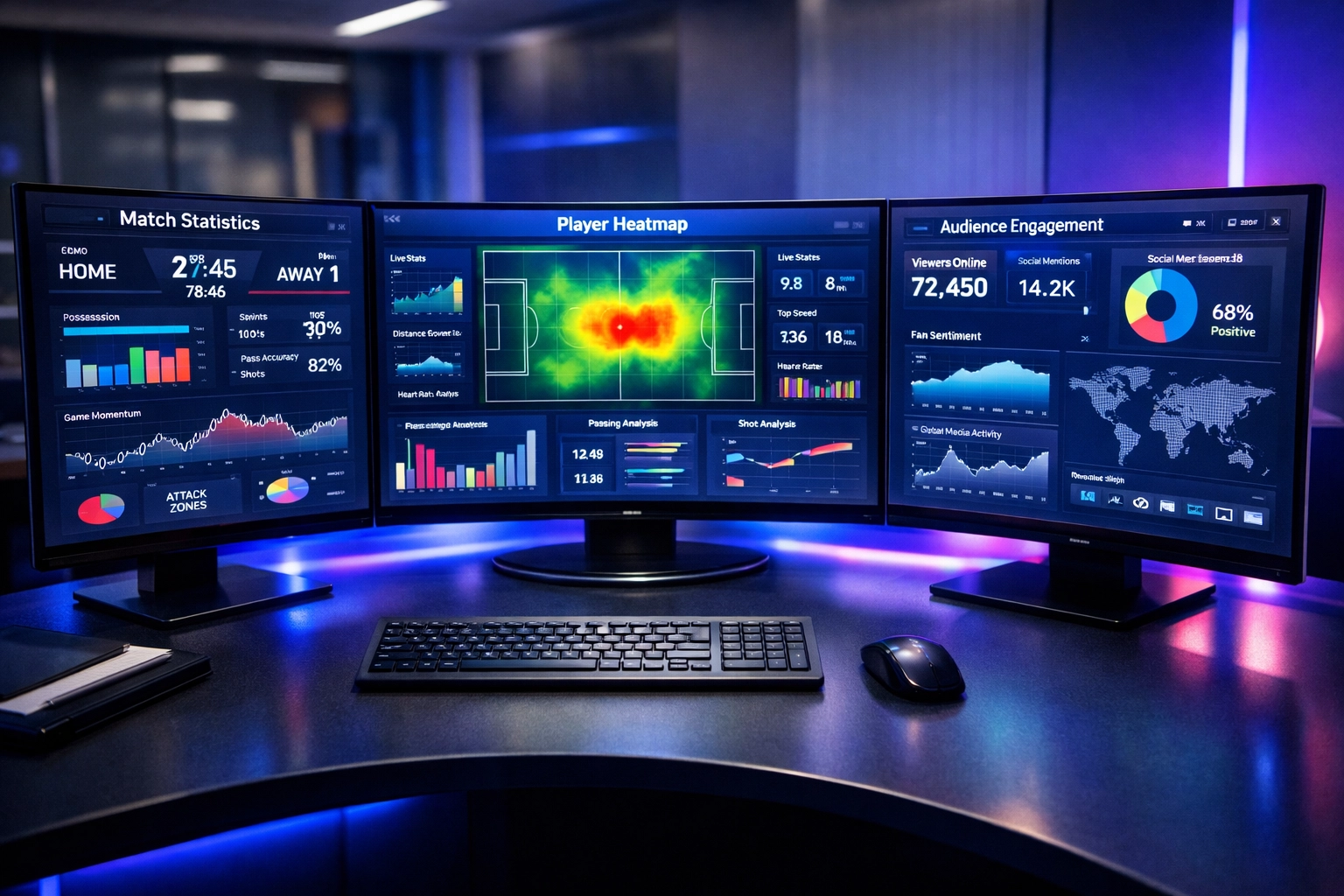 Sports analytics dashboard displaying real-time fan engagement data and venue marketing metrics