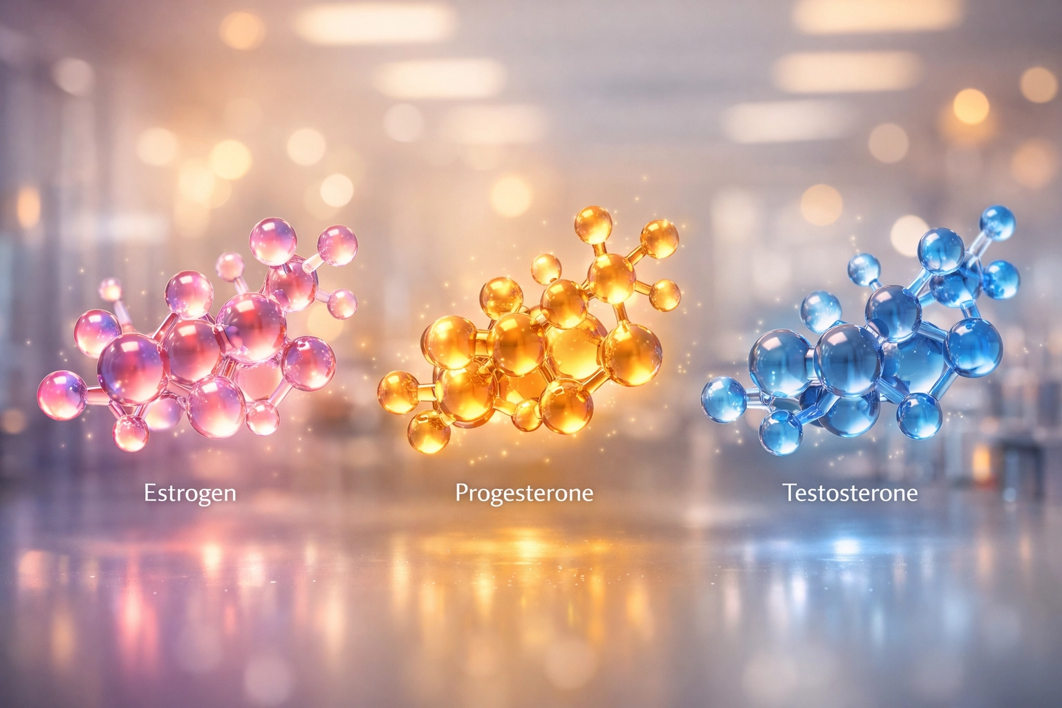 Molecular models of estrogen, progesterone, and testosterone representing essential HRT hormones for longevity.