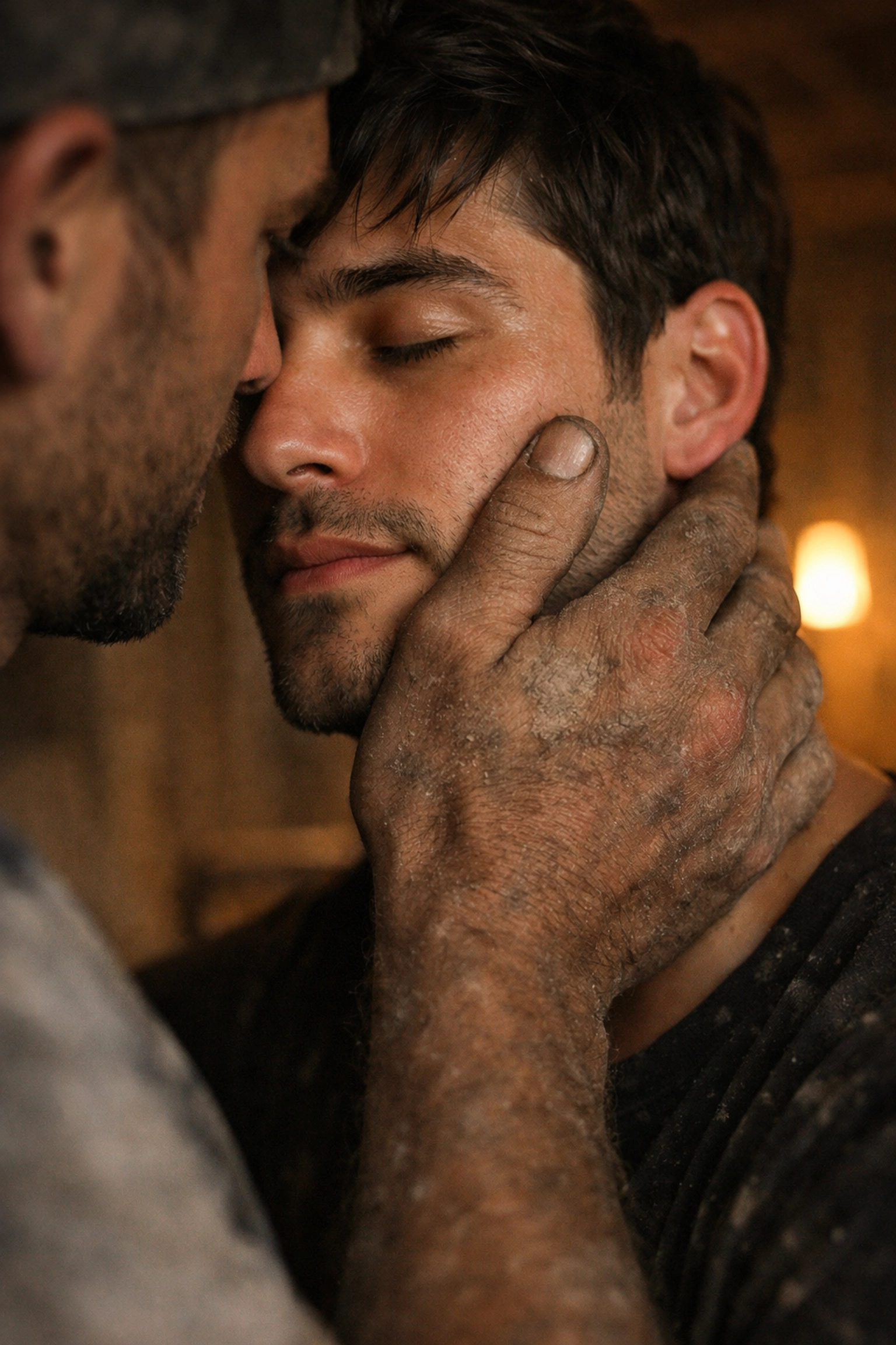 A builder's large hand gently cupping a man's face, capturing a tender moment in a gay love story.