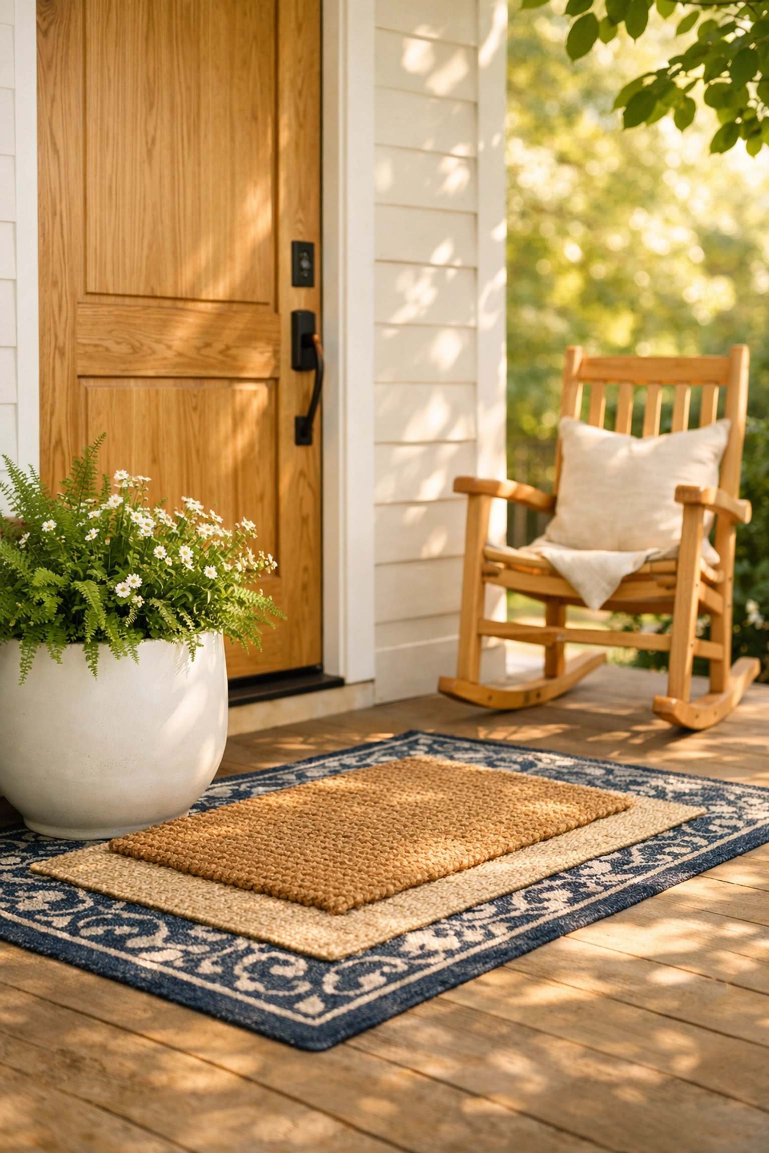 Summer porch with a wooden door and layered rugs, offering front door decor ideas and seasonal entryway styling.