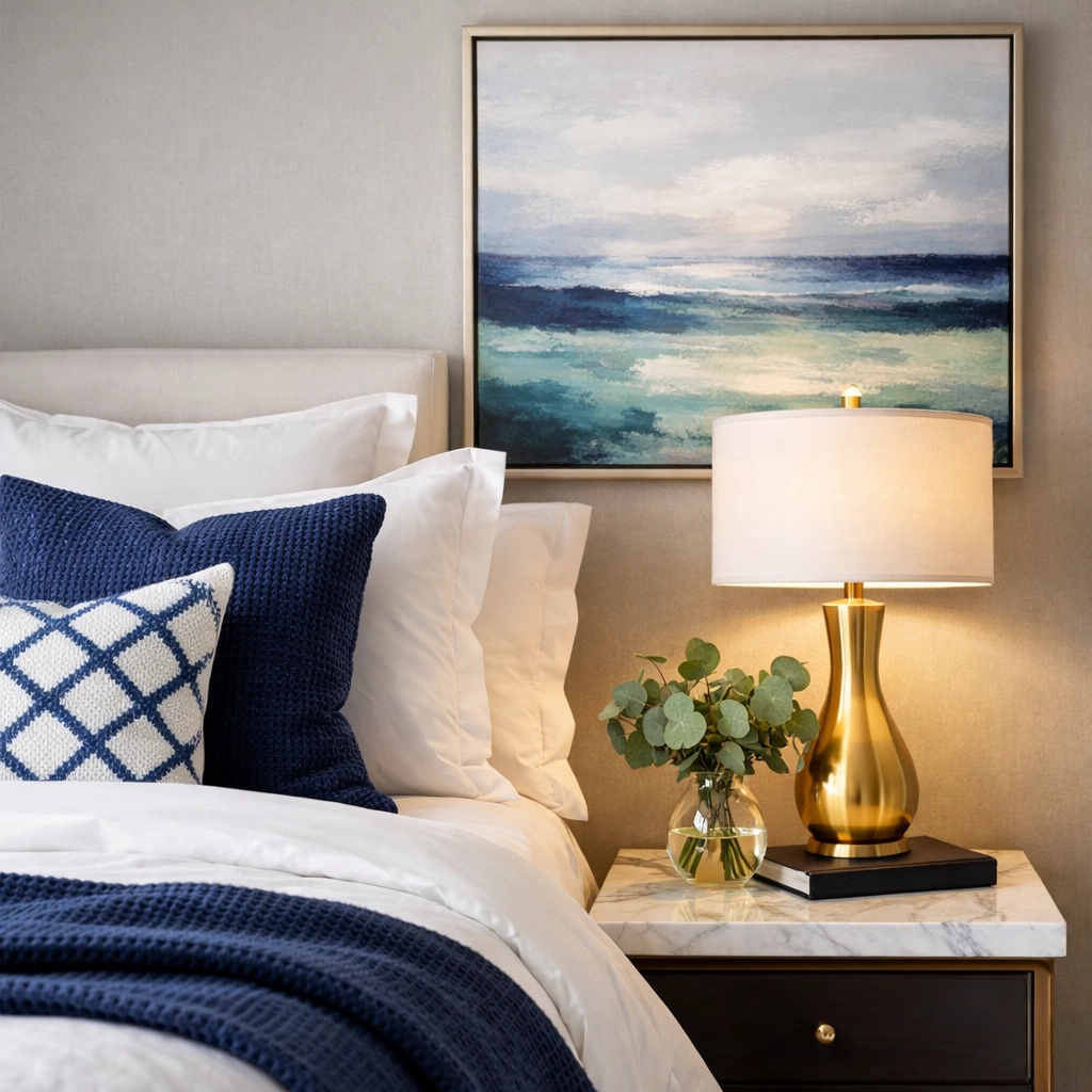 Luxury bedroom styling with premium white linens and modern decor in a fully furnished coastal cottage.