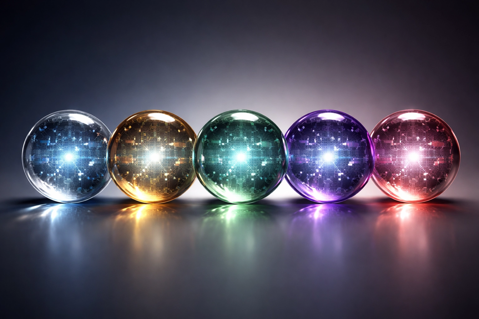 Glass spheres with identical tech patterns illustrating hidden overlap in investment portfolios
