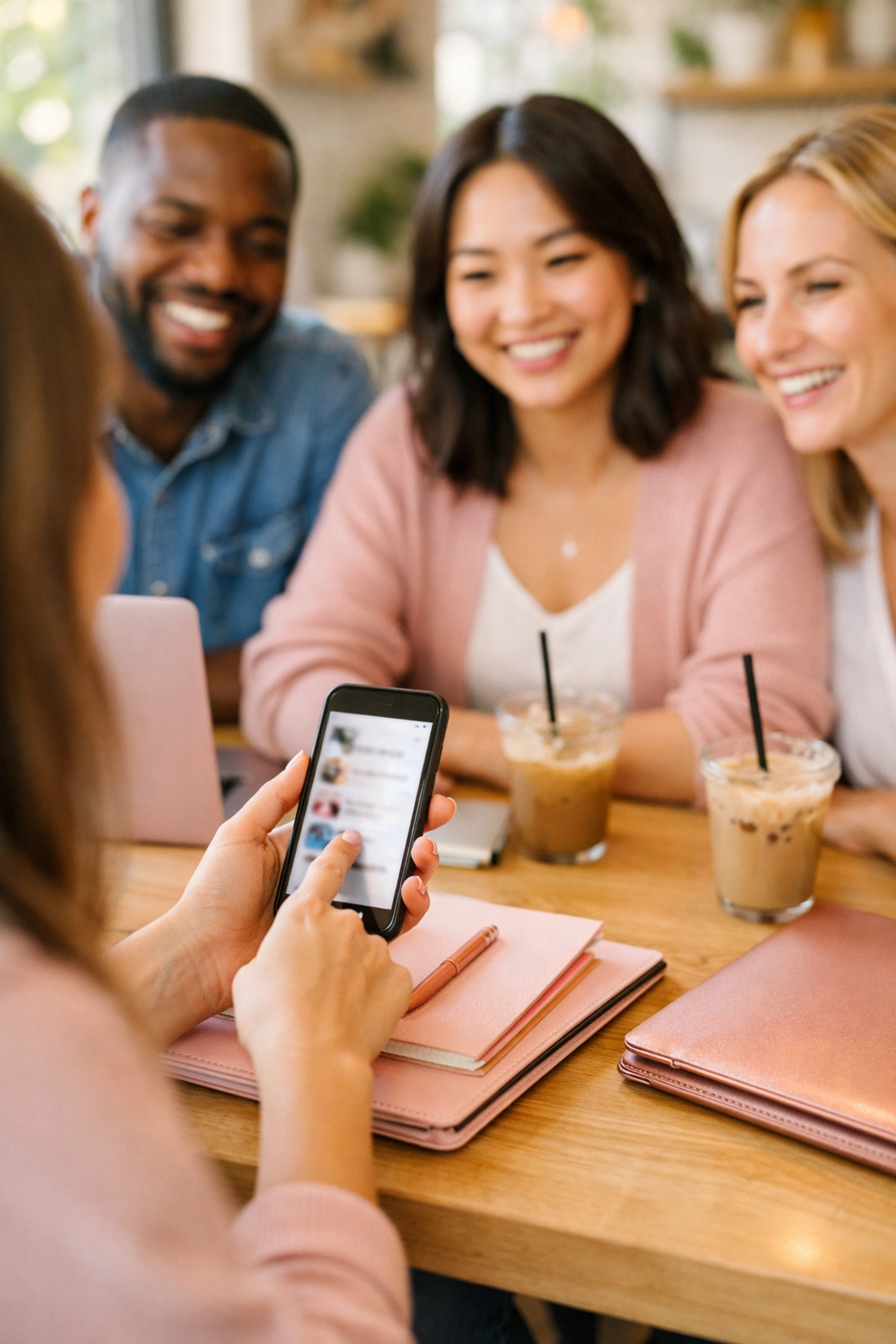 Entrepreneurs collaborating on a social media strategy in a bright cafe, building networking authority.
