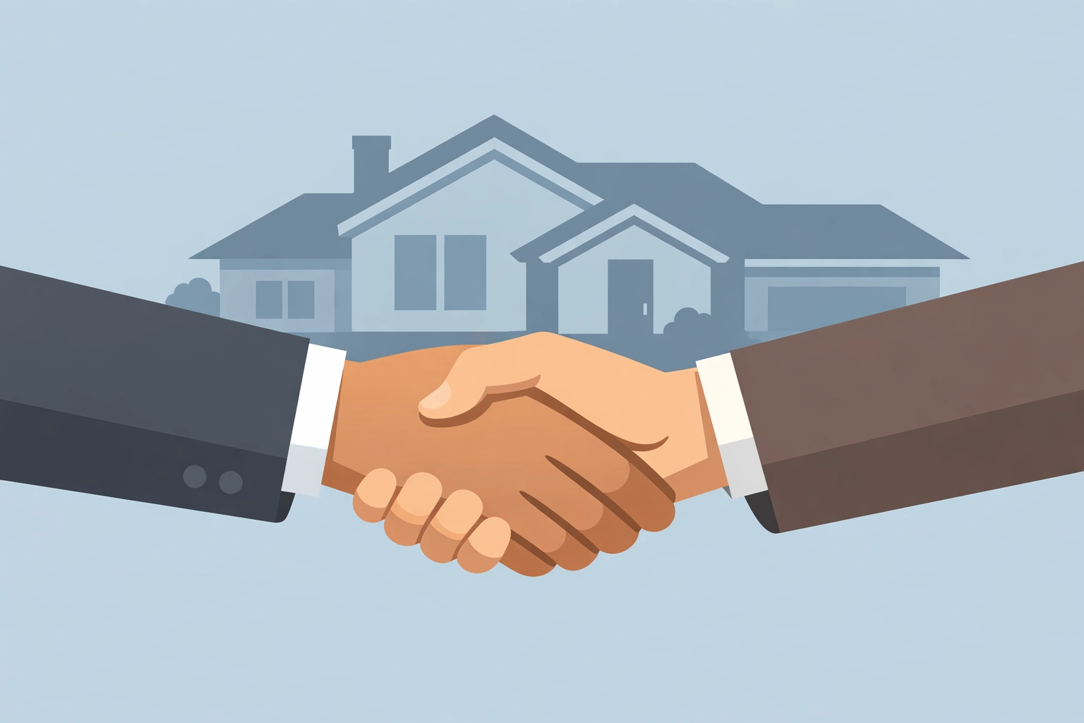 Apretón de manos con silueta de casa representando una alianza con Realtor para comprar hogar.