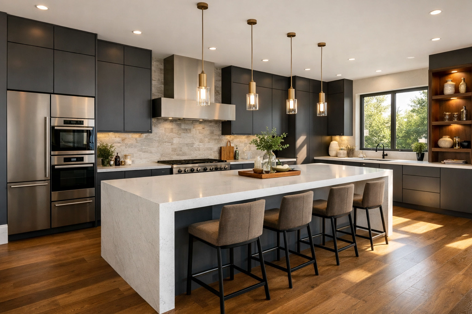 Modern Orlando kitchen remodel featuring a luxury quartz waterfall island and custom dark cabinetry.