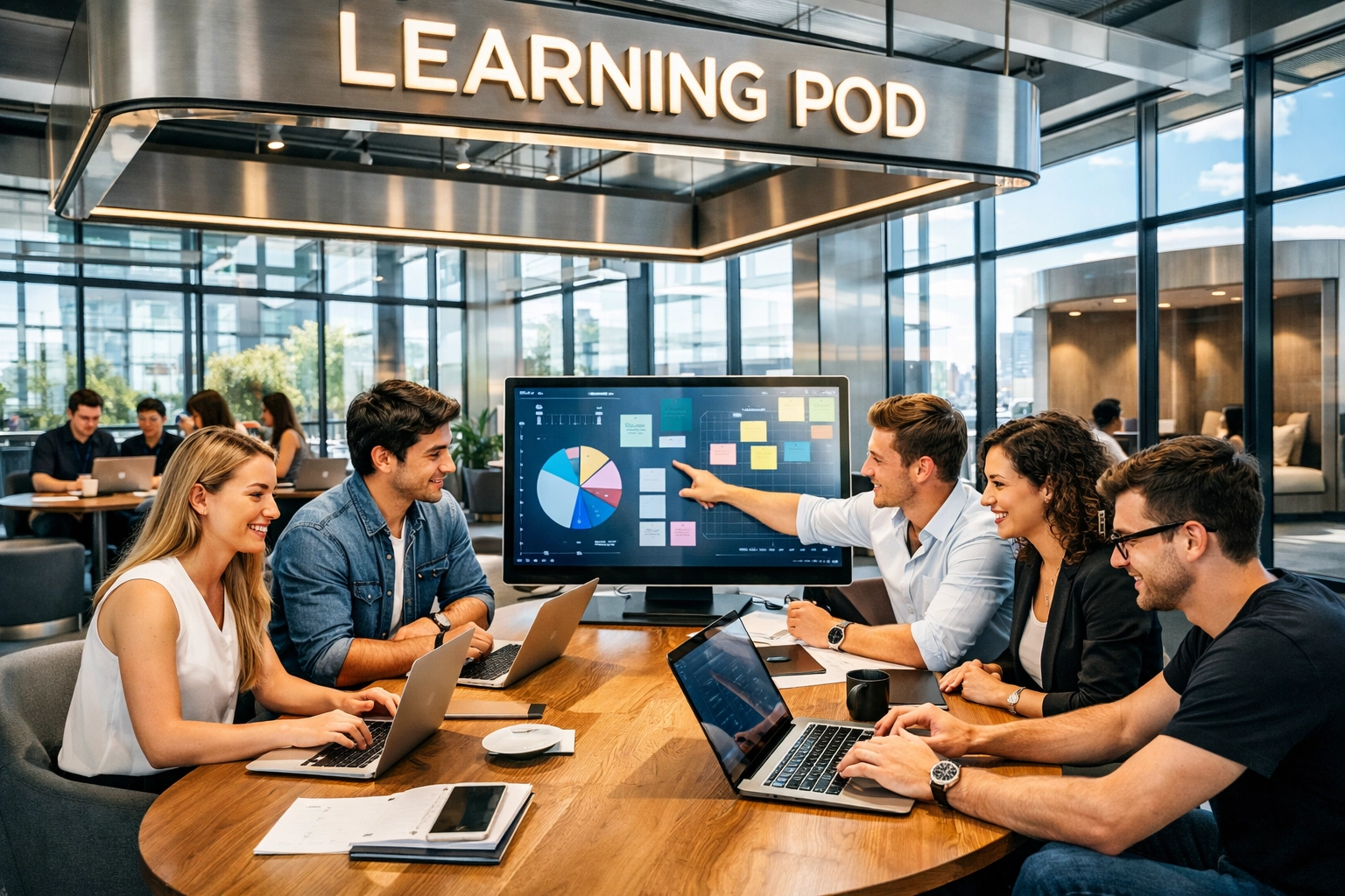Modern collaborative Learning Pod with professionals working together at a sleek communal workstation.