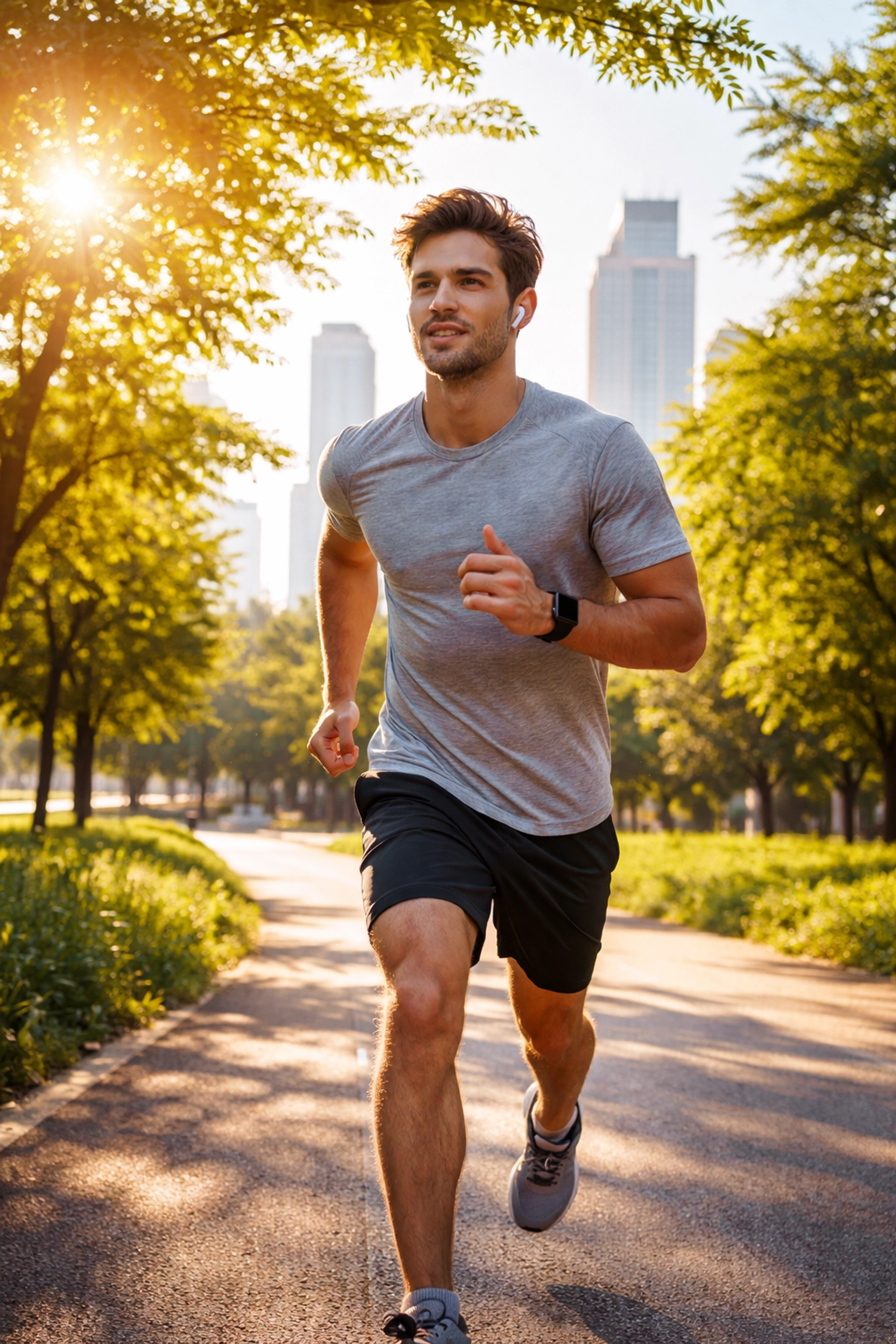 Young professional jogging in a city park at sunrise, demonstrating exercise as a key founder health hack