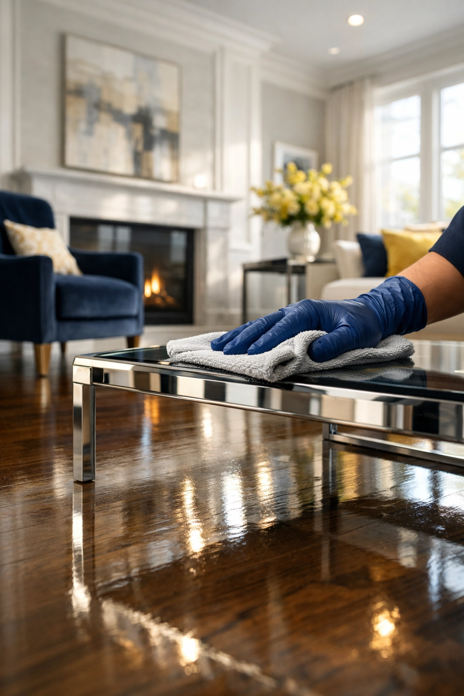 Professional cleaner wiping glass table in a luxury living room, highlighting high-quality house cleaning services MA.
