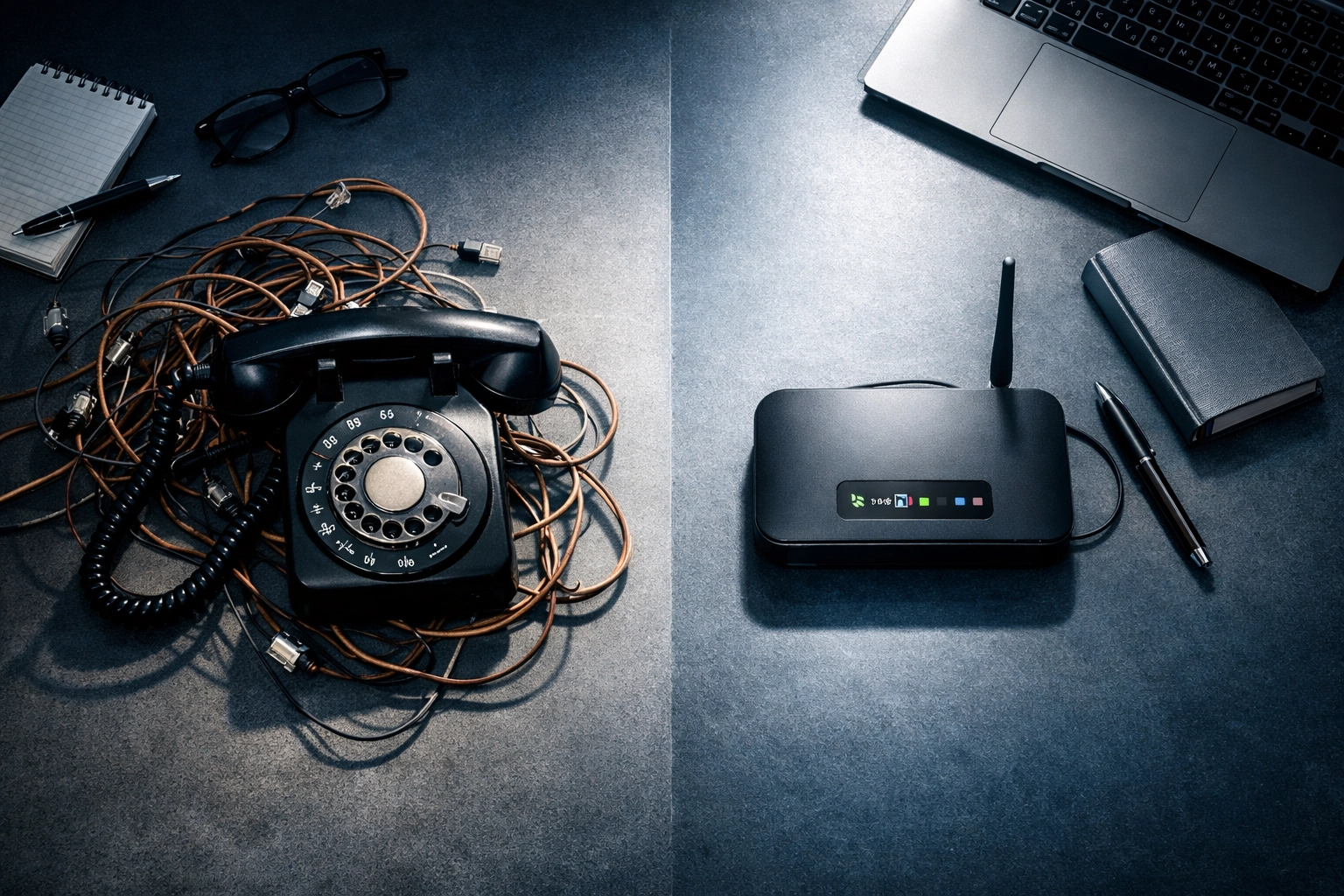 Old copper phone line next to modern POTS replacement device showing technology transition