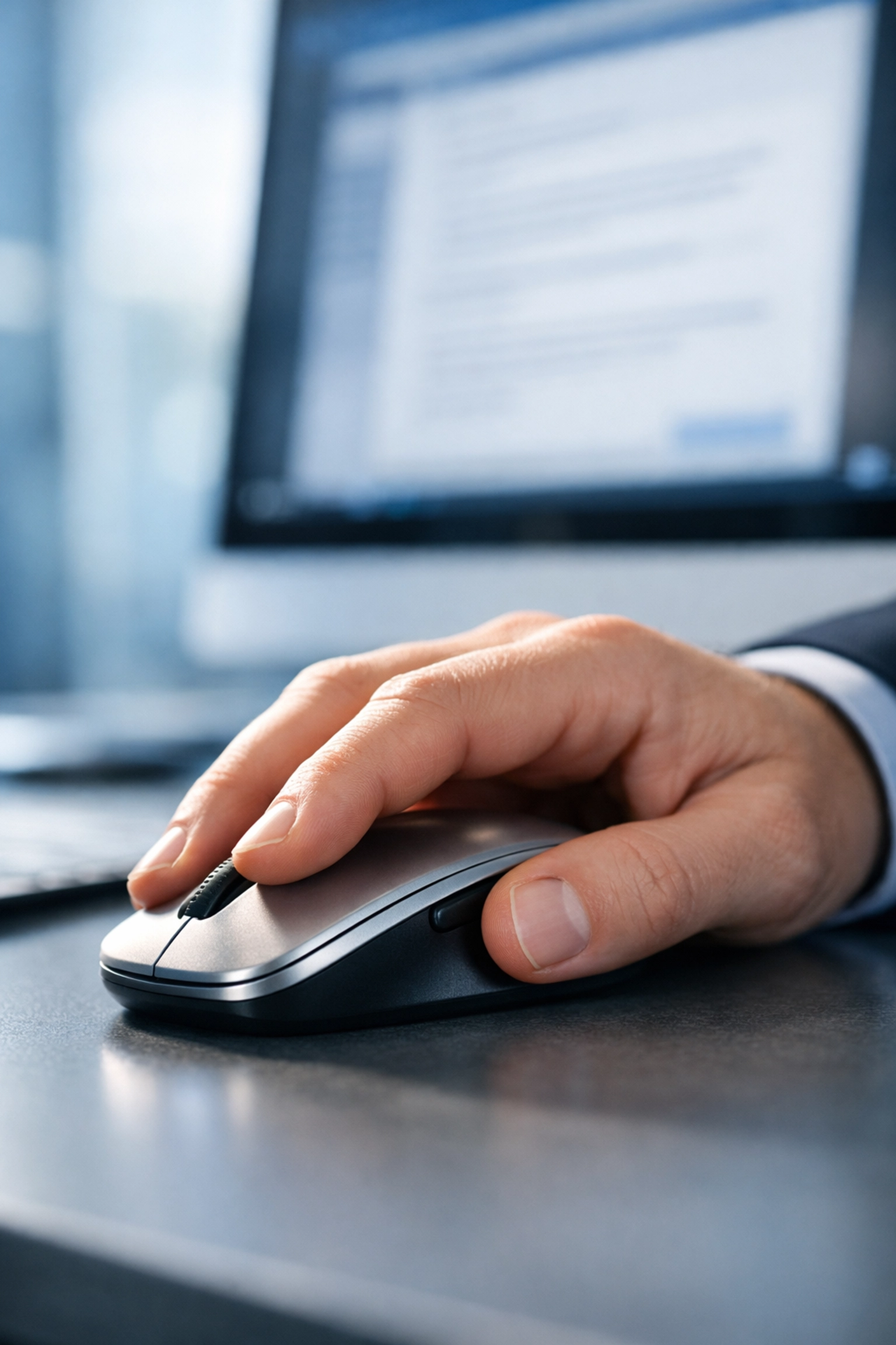 A hand clicking a computer mouse, representing the threat of malware and escrow account takeovers.