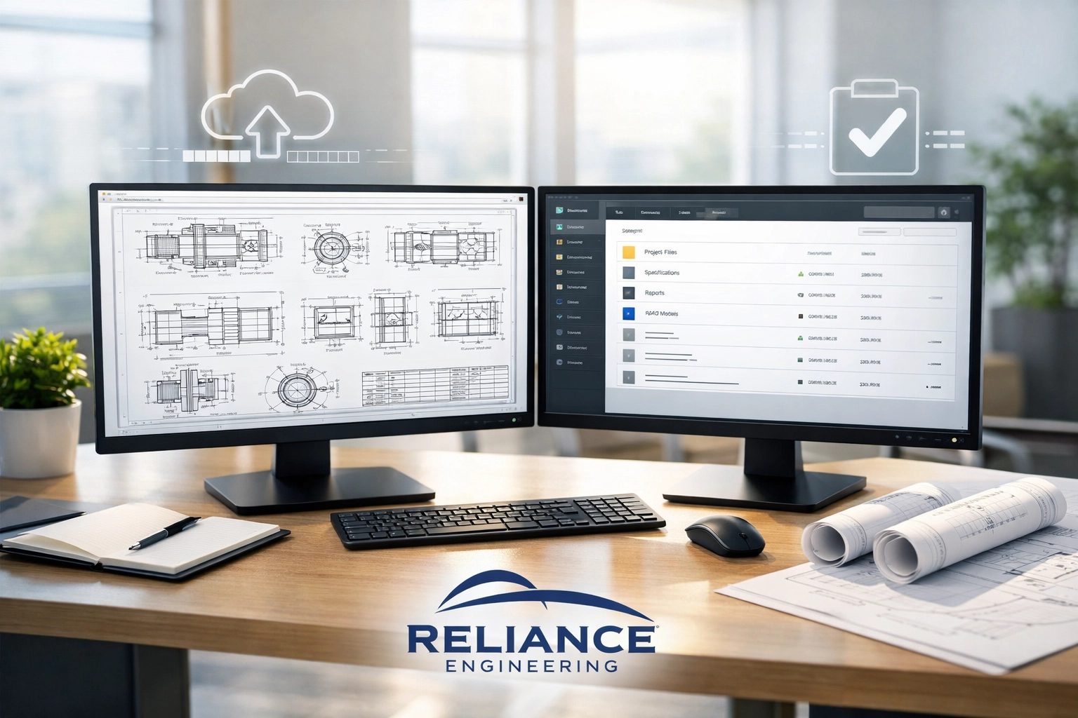Modern engineering workspace showing technical drawings for digital building permit submission in Ontario.