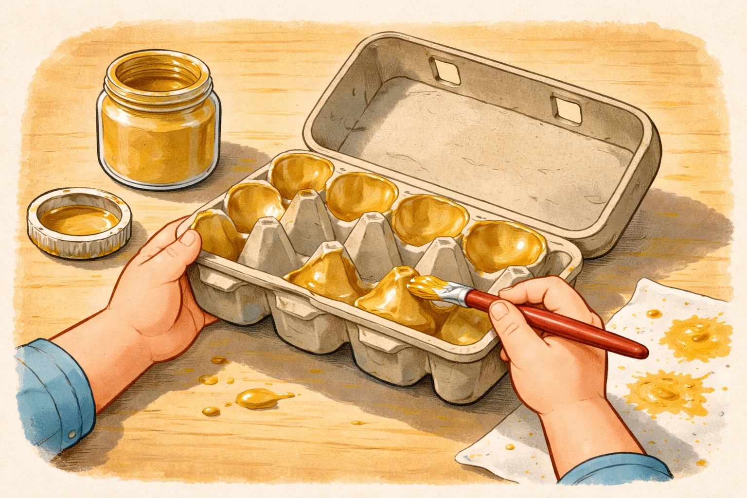 Child's hands painting the inside of a cardboard egg carton gold, starting the treasure box craft activity