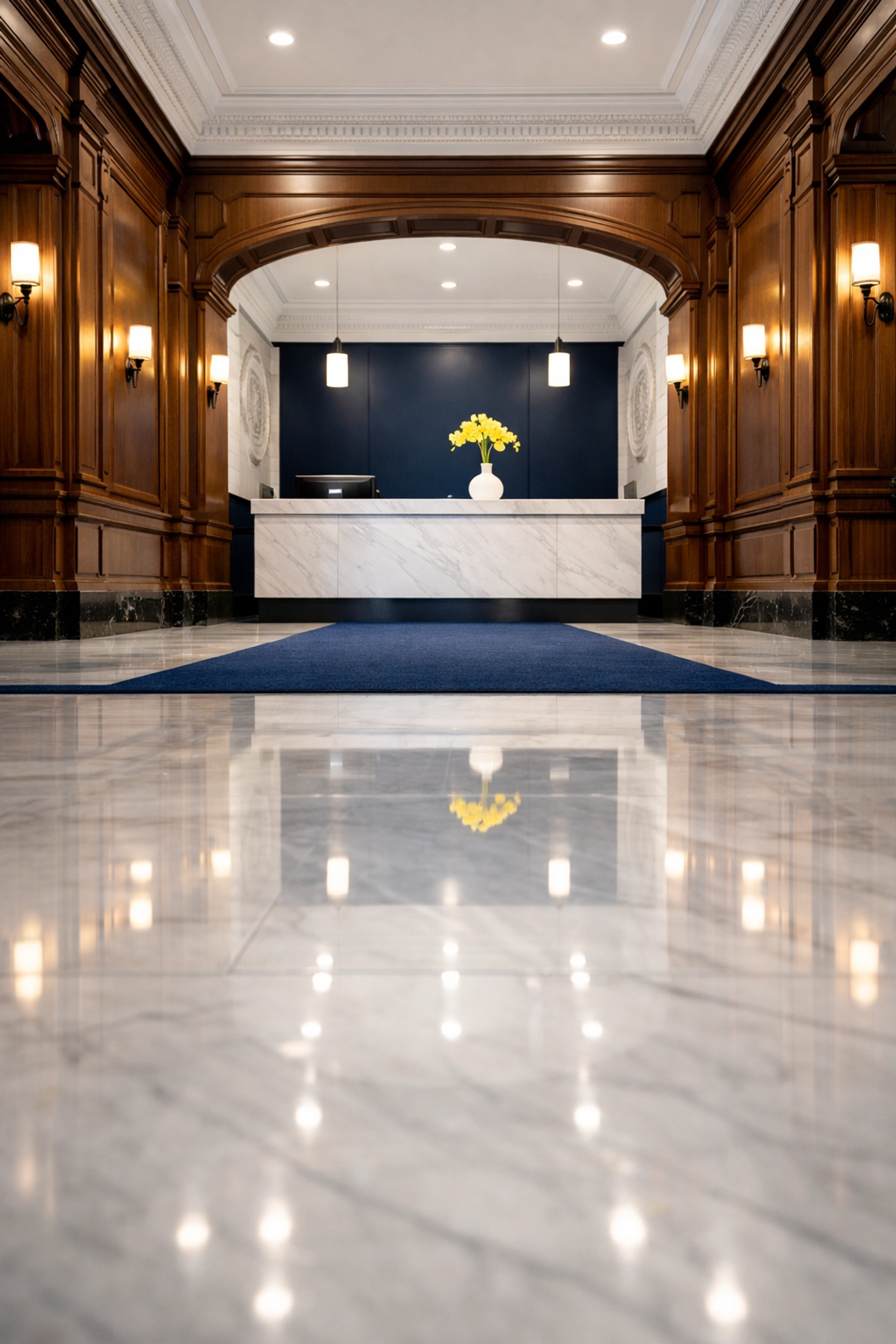Polished marble lobby in a historic building cared for by janitorial services in Massachusetts.