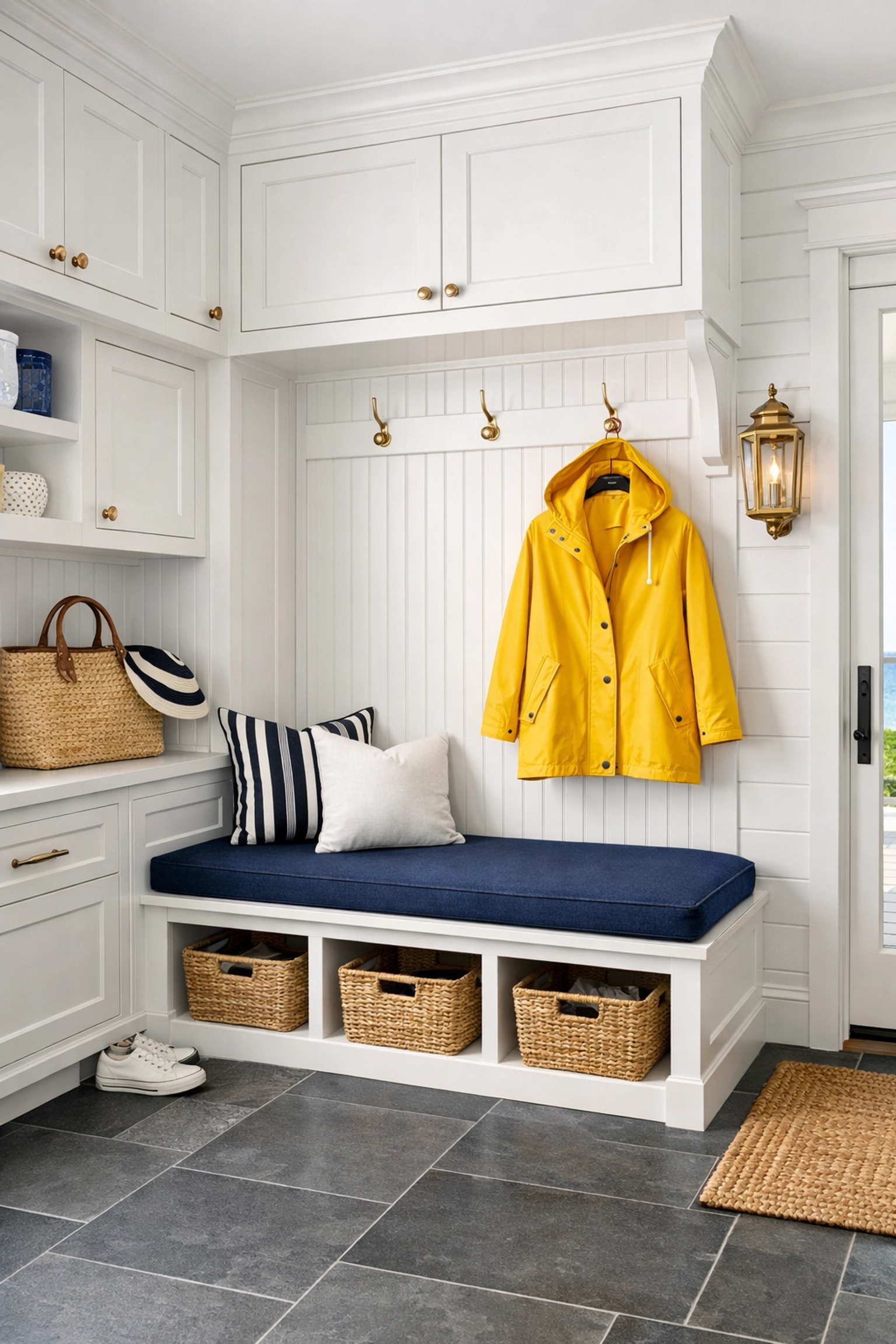 Spotless luxury coastal mudroom with clean slate flooring in a Marblehead Harbor residence.