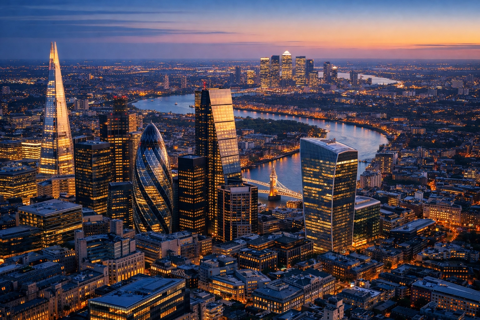 Aerial view of London property auctions hotspots near the Thames at dusk, showing residential blocks and riverside neighbourhoods